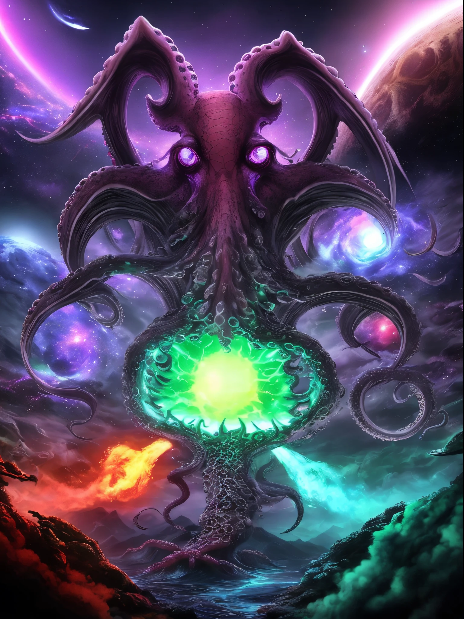 Anime , cartoon ,8k quality, best resolution,
,realisms , War in the universe, galactic war,futuristic shape sea octopus ,The Galactic World ,The Universe,alien war, toxic,Mutated octopus,cybernetic octopus A huge octopus destroying spaceships ,a psychedelic and strange atmosphere,Octopus eyes glow red,Realistic,The End of the World,polluted universe,toxic universe,bright purple-green universes