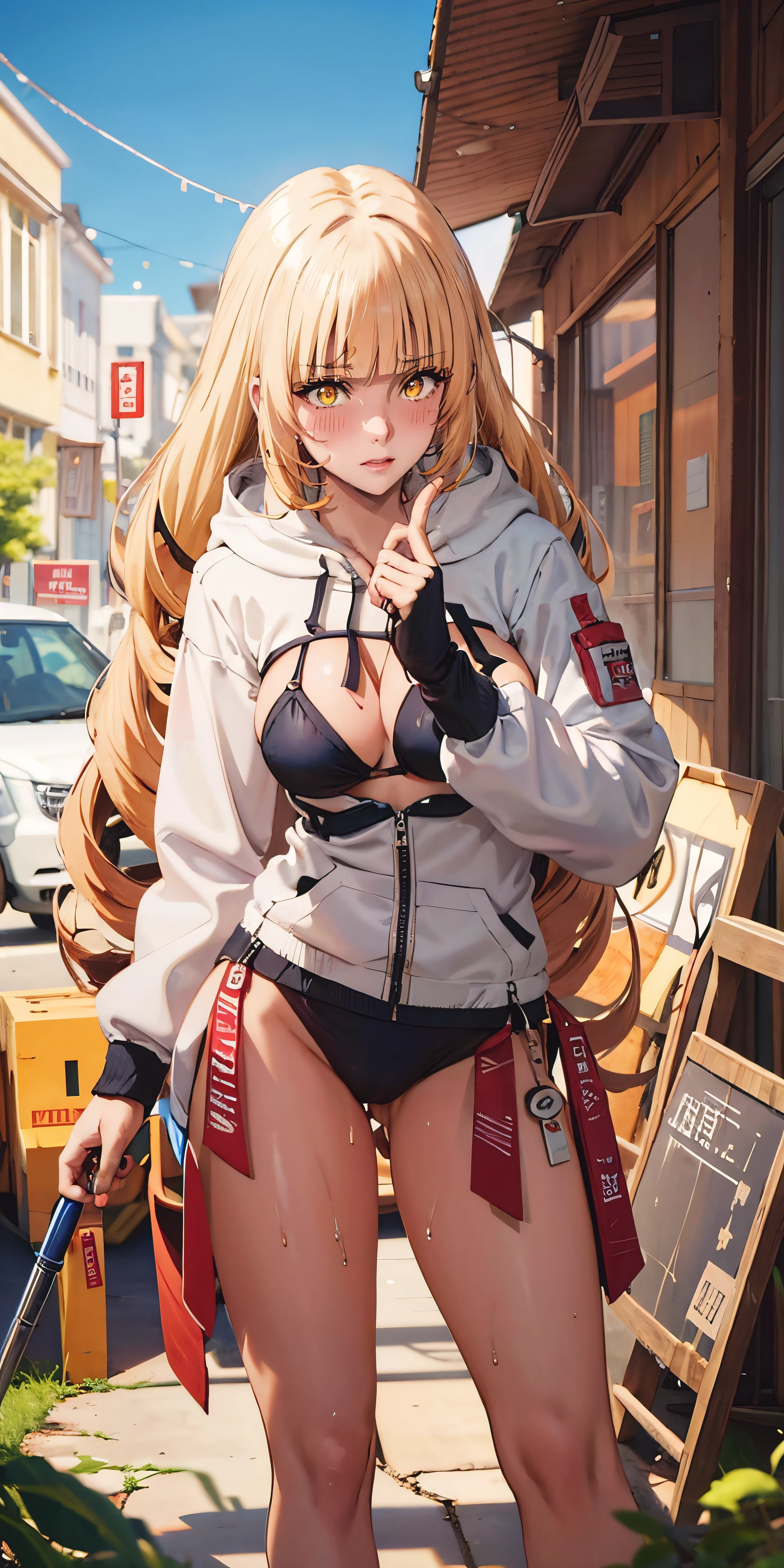 anatomically correct, best quality, masterpiece, high quality, high details, highres, HD, (shaded face:1.2), hollow eyes, yellow eyes, looking at viewer, embarrassed, blush face, lips, rose, blonde hair, drill hair, long hair, huge breasts, sweating, wet, ropped hoodie, black bikini, long sleeves, a woman that is standing in the dirt, by Yang J, pixiv contest winner, fantasy art, cute anime girl portrait, female protagonist 👀 :8, range murata and artgerm