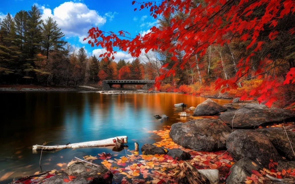 trees with red leaves on them are next to a body of water, autumn tranquility, vibrant water river, beautiful nature, nature wallpaper, colorful hd picure, red lake, nature scenery, beautiful wallpaper, splash of color, vibrant autumn colors, rich picturesque colors, scenic colorful environment, warm beautiful scene, colorful scene, beautiful lake background, in the autumn, beautiful lake