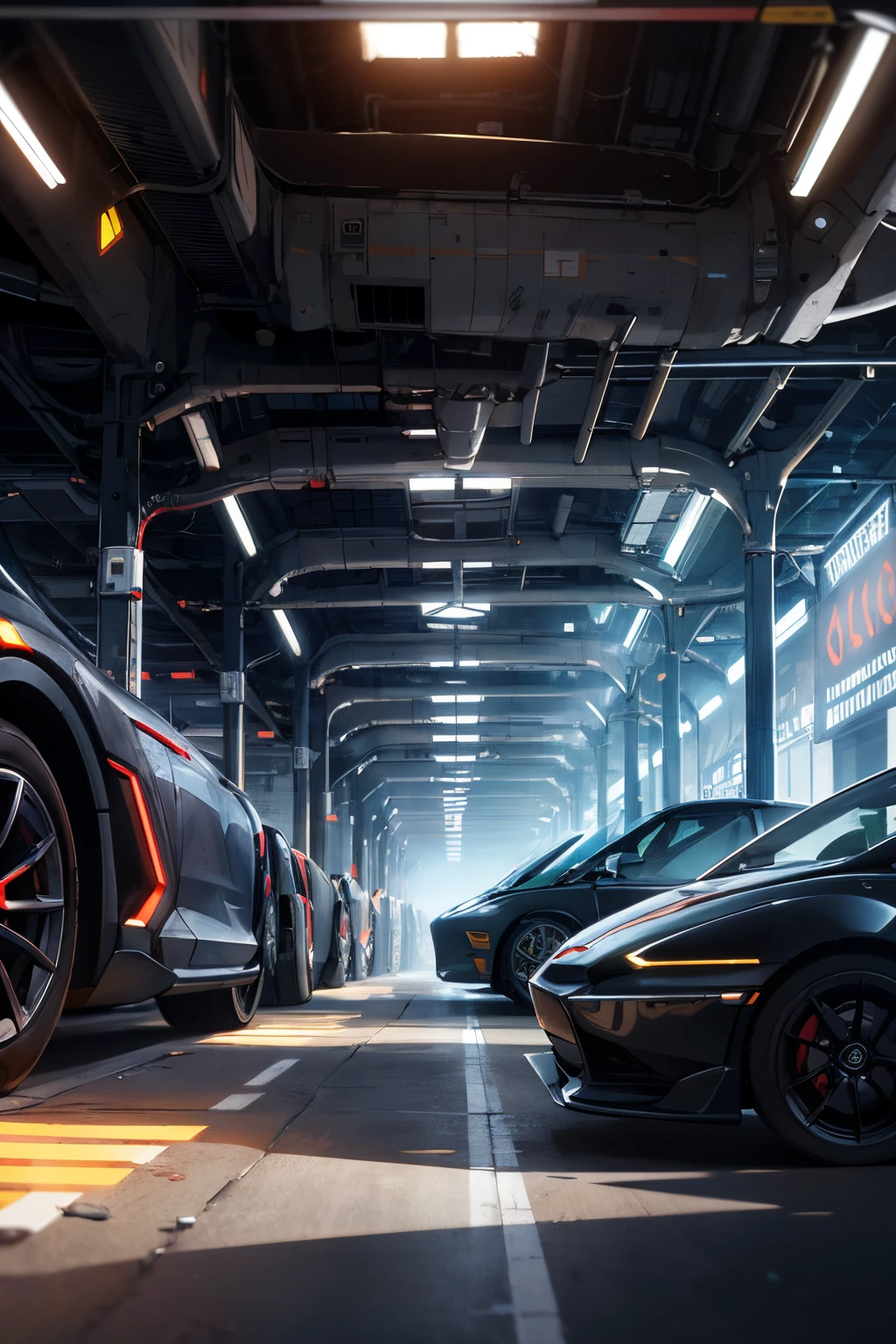 futuristic car garage,large panorama,kosmos,cyber punk perssonage,Wandering Earth,The Car,Save the world,alien spaceship,extreme light,laser,Technological equipment,Faraway view