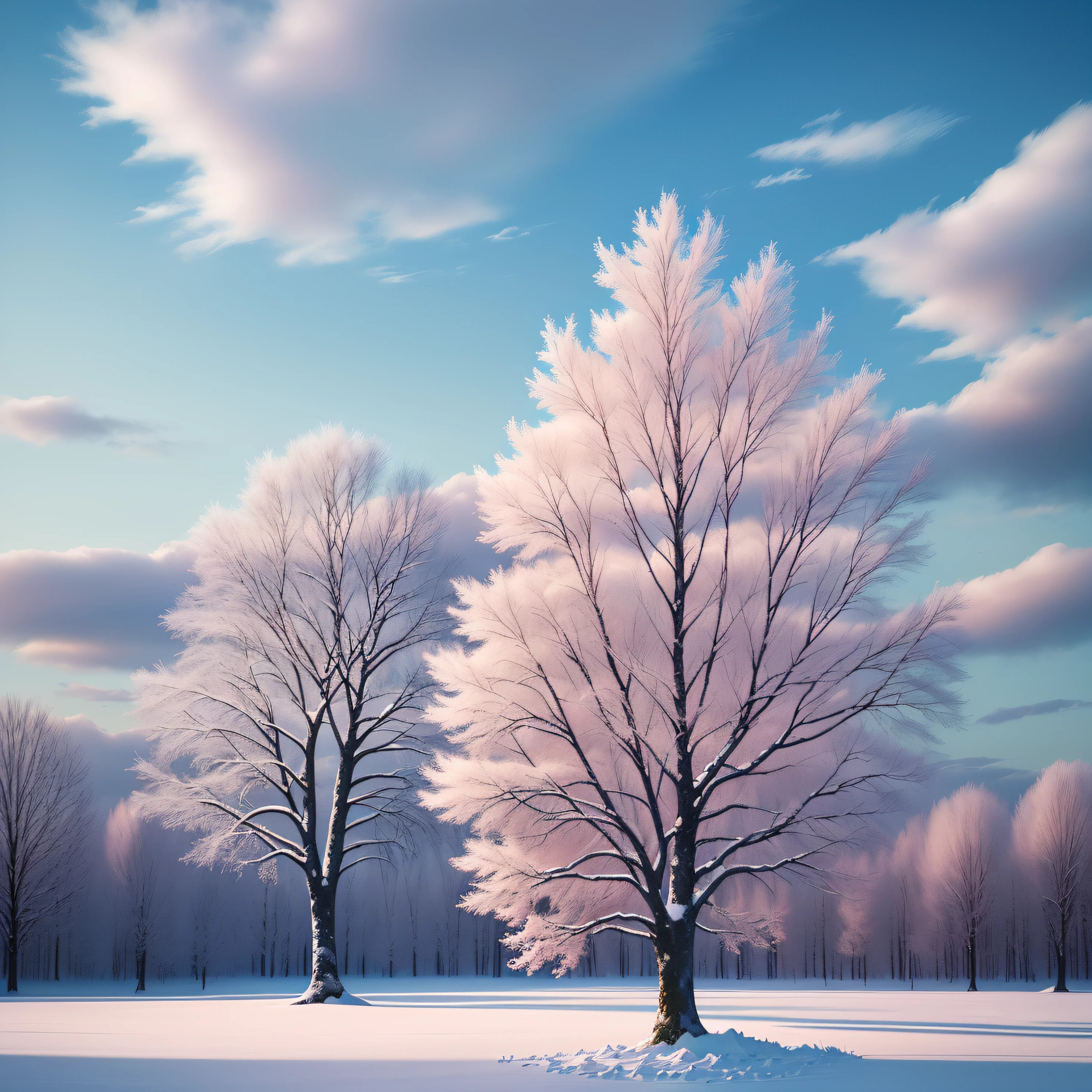 (Best Quality, Masterpiece) Beautiful, Snowy landscapes, warm, pale pink, Another winter tree, Bright color, Bright, blue skies, covered with clouds, The Spirit of Hope, Calm and peaceful landscape.