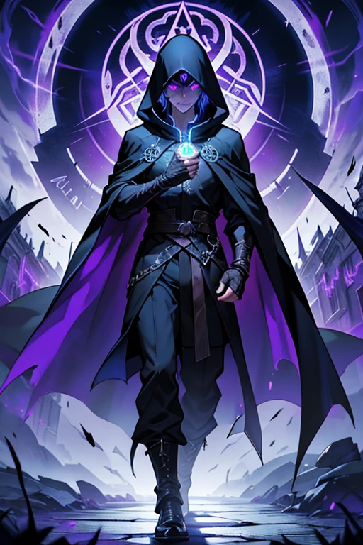 ShadowMagus is a mysterious man shrouded in darkness, Hooded cloak embellished with mystical runes. Have perforations, glowing eyes through. lewd poses: cast a spell, One arm up,Fingers outstretched, A dark aura swirls around.