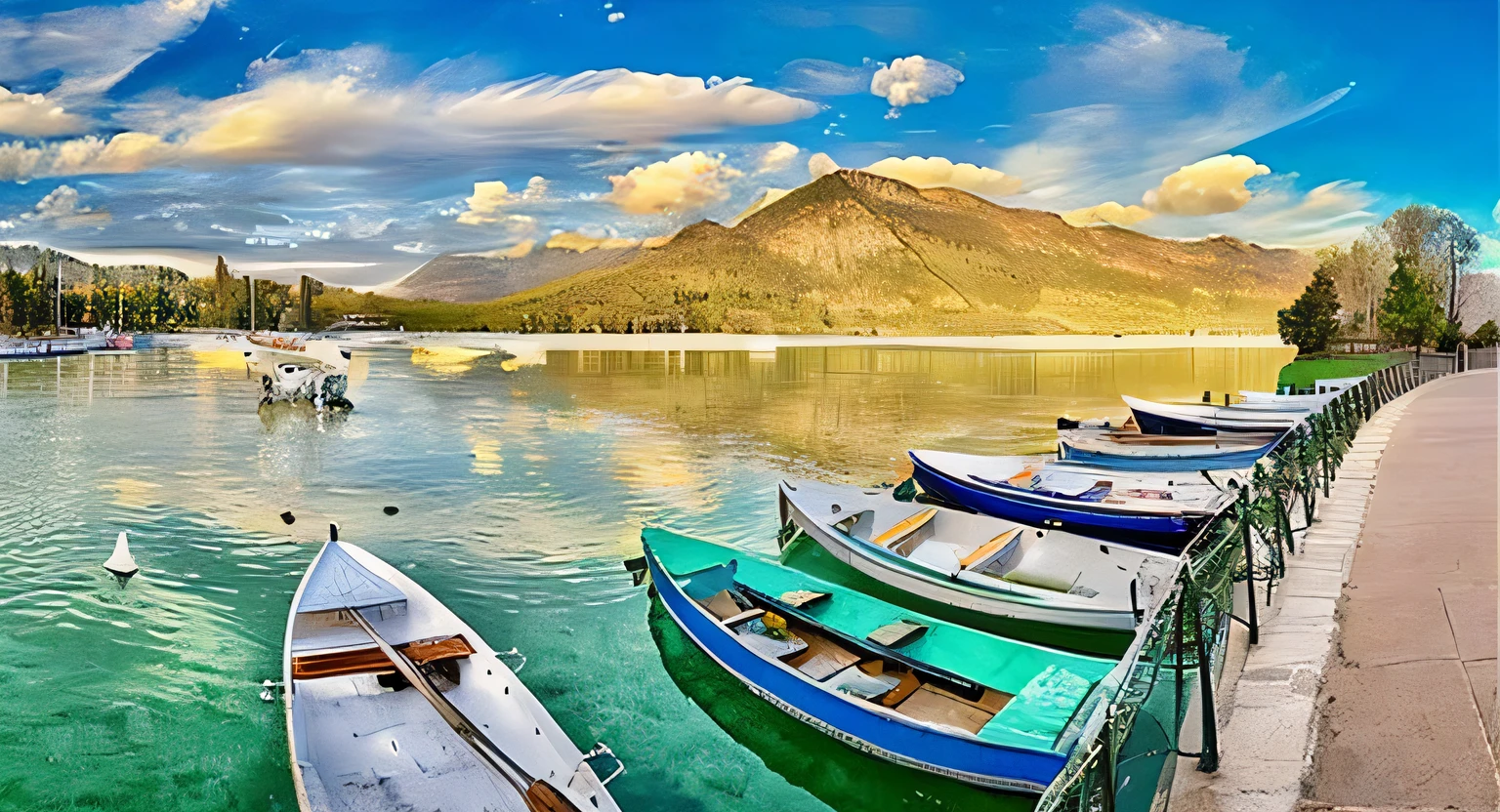 les bateaux sont alignedés sur la rive d'a lake with mountains in arrière-plan, with water and boats, par Robert Registrar, par Cedric Peyravernay, Pittoresque, gentil, une image, Papier peint - 1 0 2 4, belle image, Boats in the water, beau look, beau, Wallpapers, panorama, Colorful scene, Beaux paysages, lac, amazing beauty