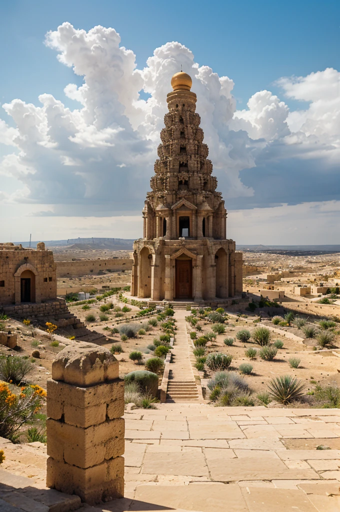 Middle Eastern landscape, Malta, distant view of a grand stone city on the sides of a very tall conical hill with a huge temple at the top, architecture Portuguese, white rocks, road, orange flowers, strange cactus, distant storm on the horizon