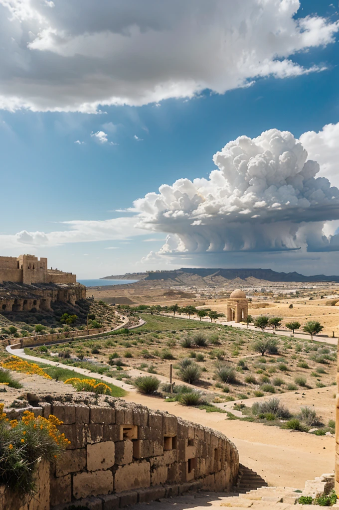 Middle Eastern landscape, Malta, distant view of a grand stone city on the sides of a very tall conical hill with a huge temple at the top, architecture Portuguese, white rocks, road, orange flowers, strange cactus, distant storm on the horizon