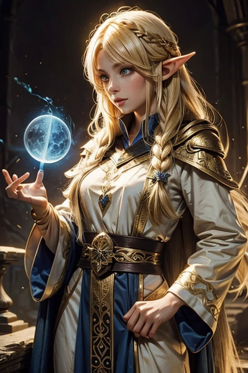 a pretty mage elf blonde with a long hair using mage robes