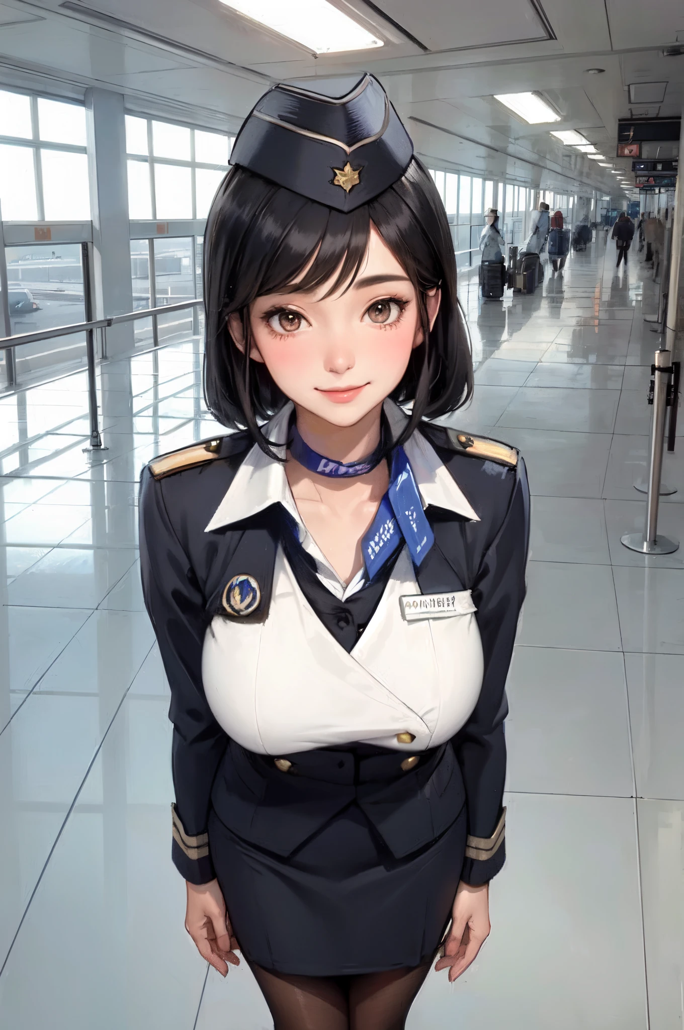1lady solo, stewardess, (stewardess uniform) (garrison cap), mature female, /(brown hair/) bangs, blush kind smile, (masterpiece best quality:1.2) ultra-detailed, large breasts pantyhose BREAK /(airport hallway/) indoors