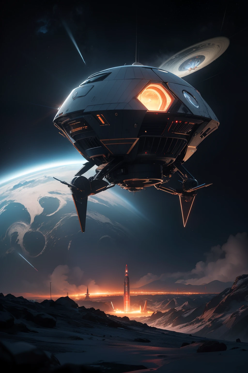 Cars of the future world，large panorama，kosmos，cyber punk perssonage，Wandering Earth，The Car，Save the world，alien spaceship，extreme light，laser，Technological equipment，Faraway view