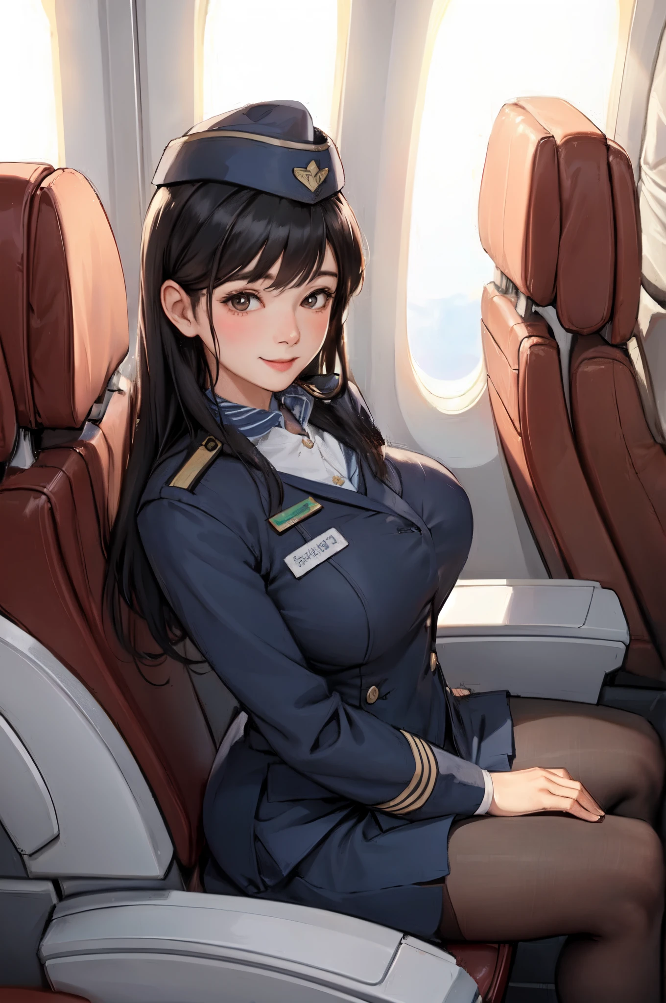 A big-breasted girl is dressed as a flight attendant and exposes her nipples Large and beautiful nipples
