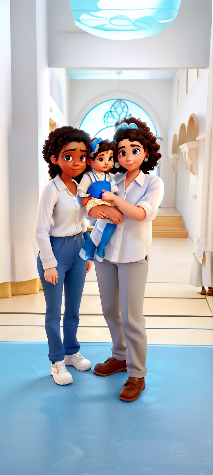 Disney pixar, white woman with medium dark curly hair and blue eyes wearing a long white shirt and brown pants together with a baby with black eyes wearing a white dress and white tiara with a bow, homem de camisa longa branca cabelos grisalho e com barba olhos pretos, ao fundo uma igreja