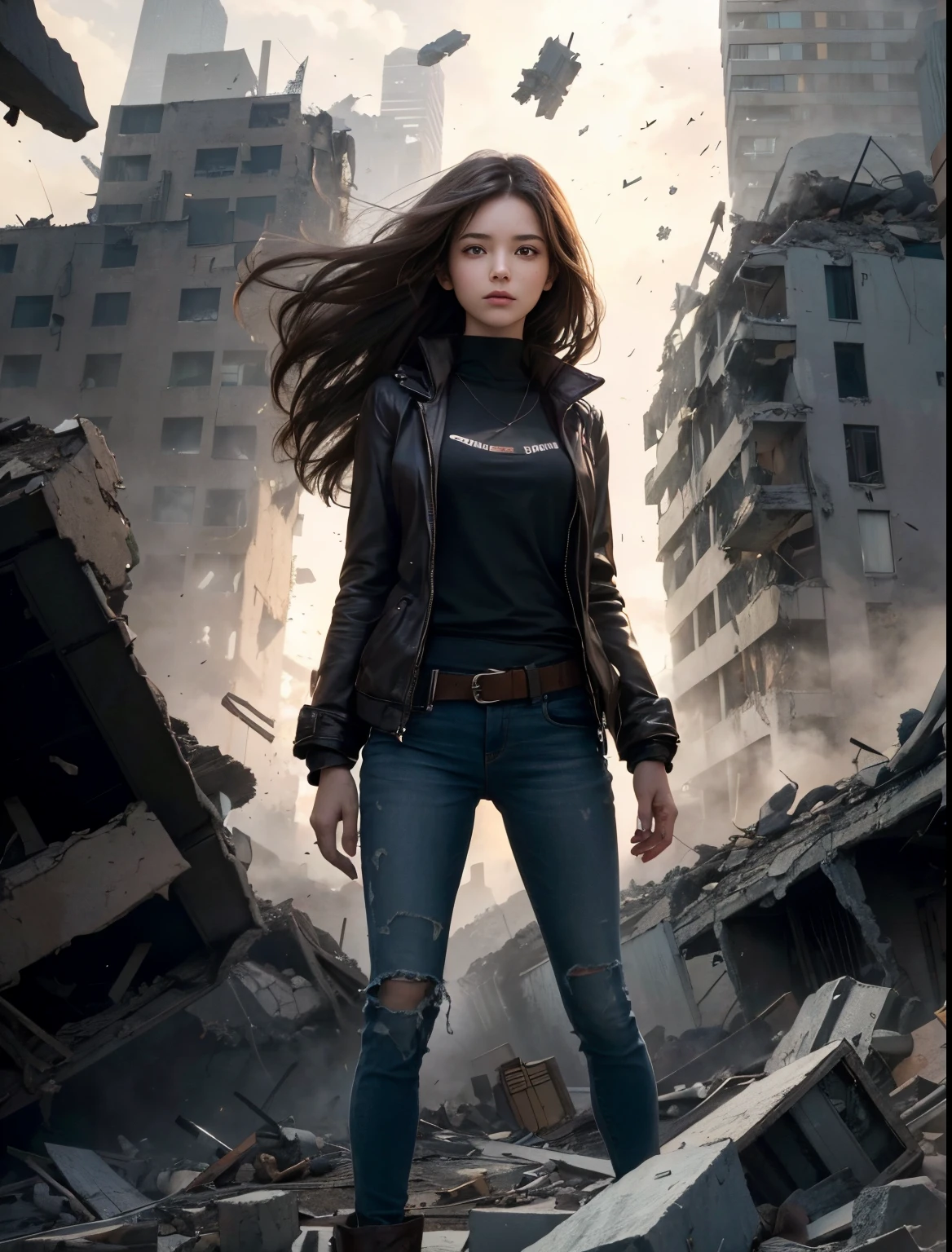 A woman who sticks out one hand toward the camera and uses telekinesis. The rubble of the surrounding buildings is suspended in the air by her power. She is a beautiful woman in her late teens. Dark brown hair. modern clothing. She is in a vast scientific laboratory littered with rubble.