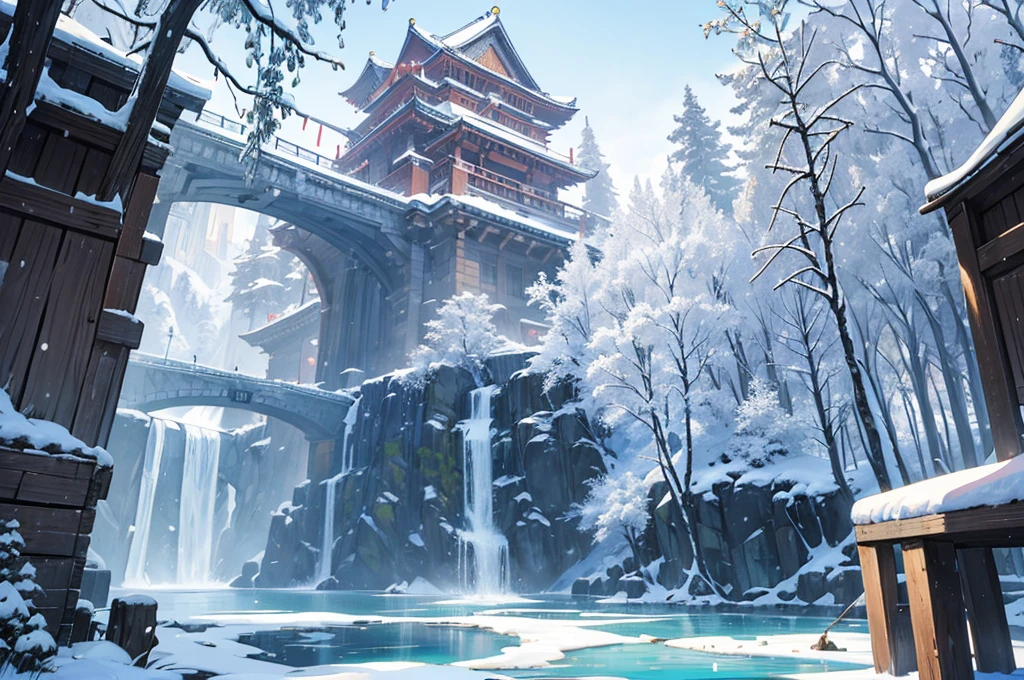 masutepiece, Best Quality, Ultra-detailed, fine detailed, 8K, breathtaking sights, Spectacular views, blue sky, winter, snow, powder snow, snow mountain, snow tree, Multiple large floating islands, Multiple towers of various sizes, Ancient buildings, Ancient bridges, Cityscape, canal, creek, Waterways, das boot, forest, Waterfall, Nature