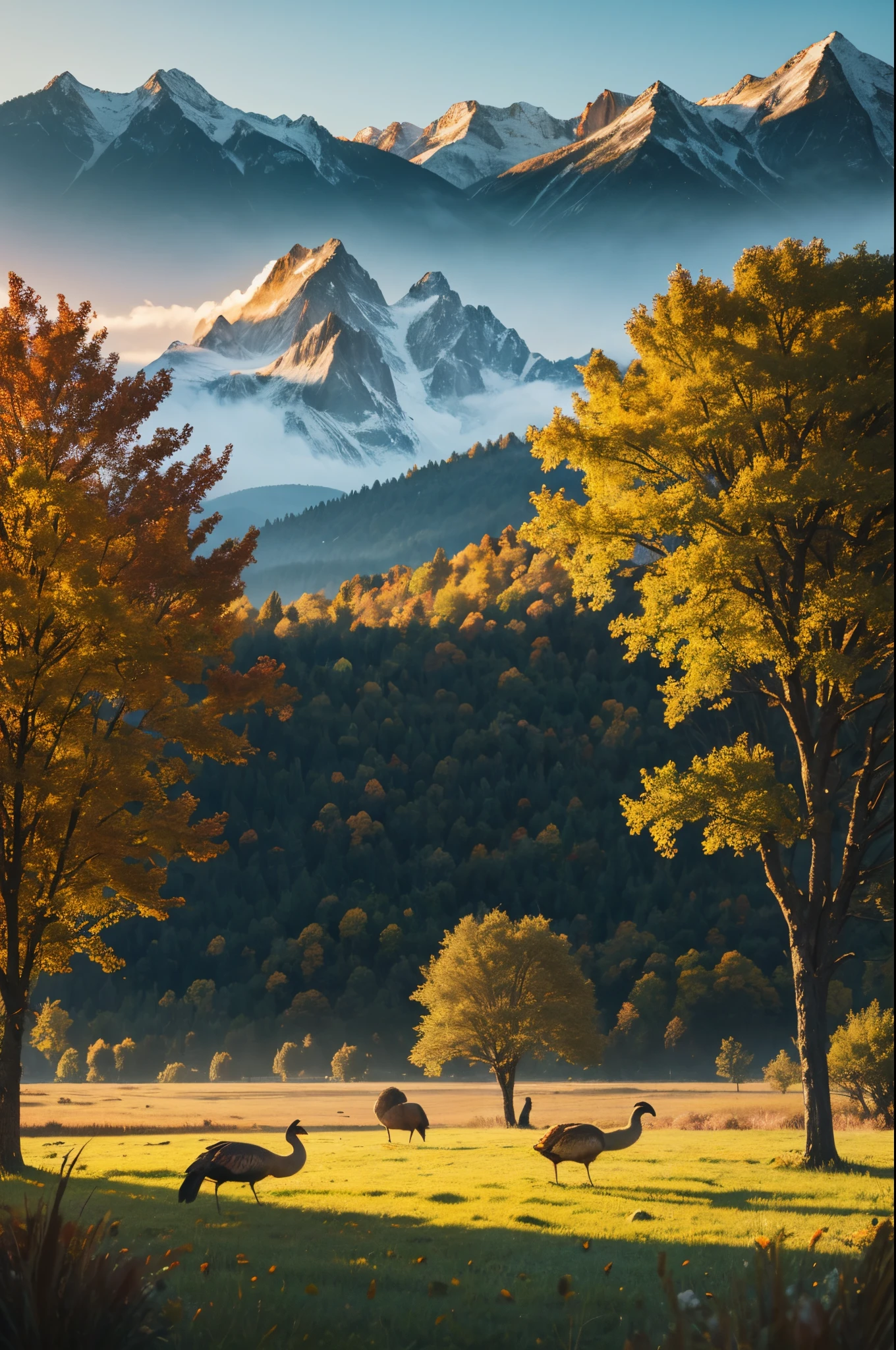 turkey,nature,best quality,realistic,photography,vivid colors,landscape,bird,flying,golden feathers,flock of turkeys,autumn,trees,grass,mountains,sunrise,bokeh,soft lighting,serene atmosphere,picturesque scene,harmony,natural beauty,wildlife,animal kingdom,graceful movement,majestic presence,peaceful surroundings,symphony of colors,blending with nature,beauty in simplicity,tranquil escape,wanderlust,calm and stillness,refreshing and rejuvenating,unspoiled wilderness,hidden gem of nature