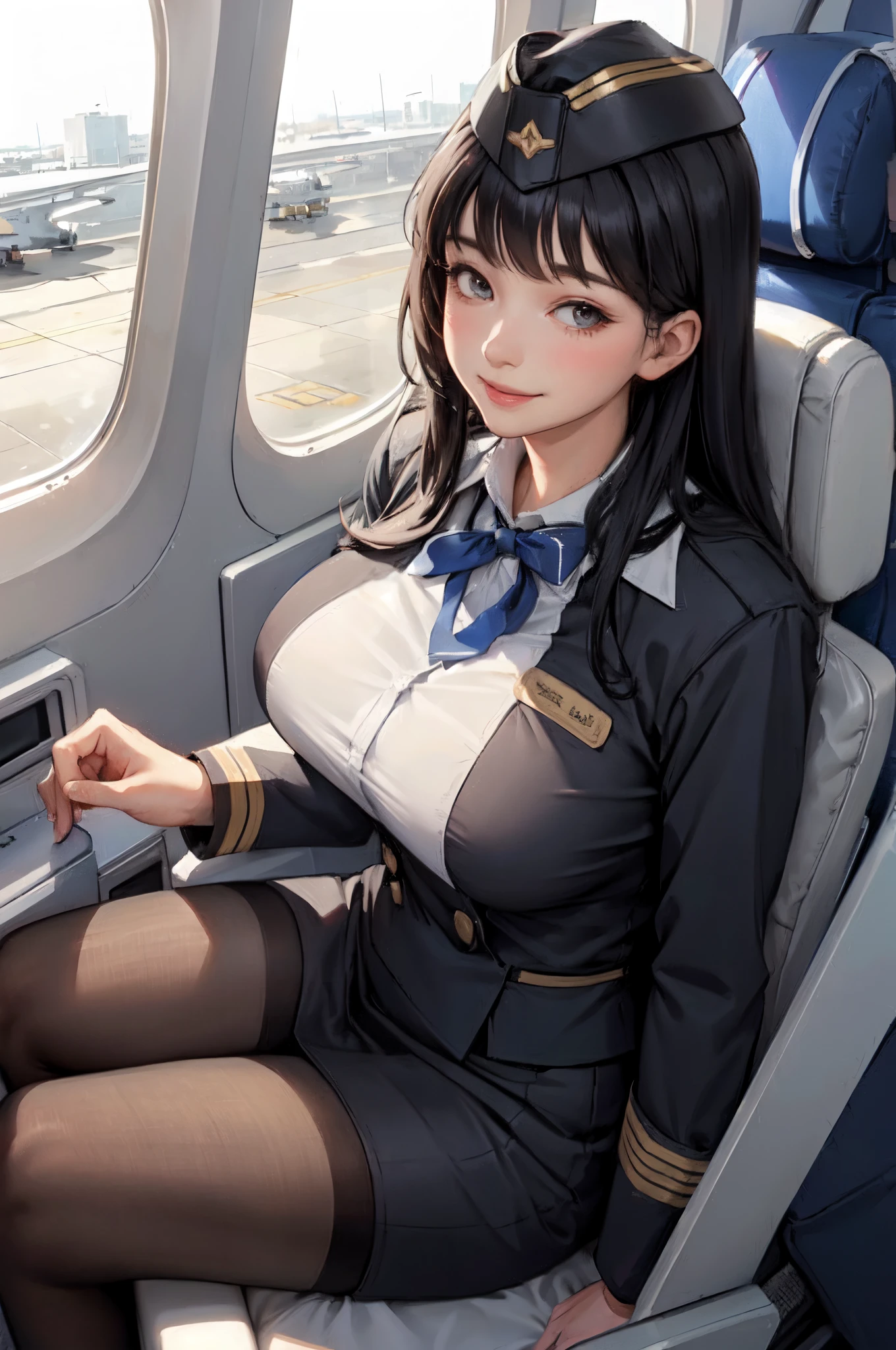 1lady sitting, stewardess, (stewardess uniform) (garrison cap), mature female, /(black hair/) bangs, blush kind smile, (masterpiece best quality:1.2) ultra-detailed, large breasts pantyhose BREAK /(airplane seat/) indoors