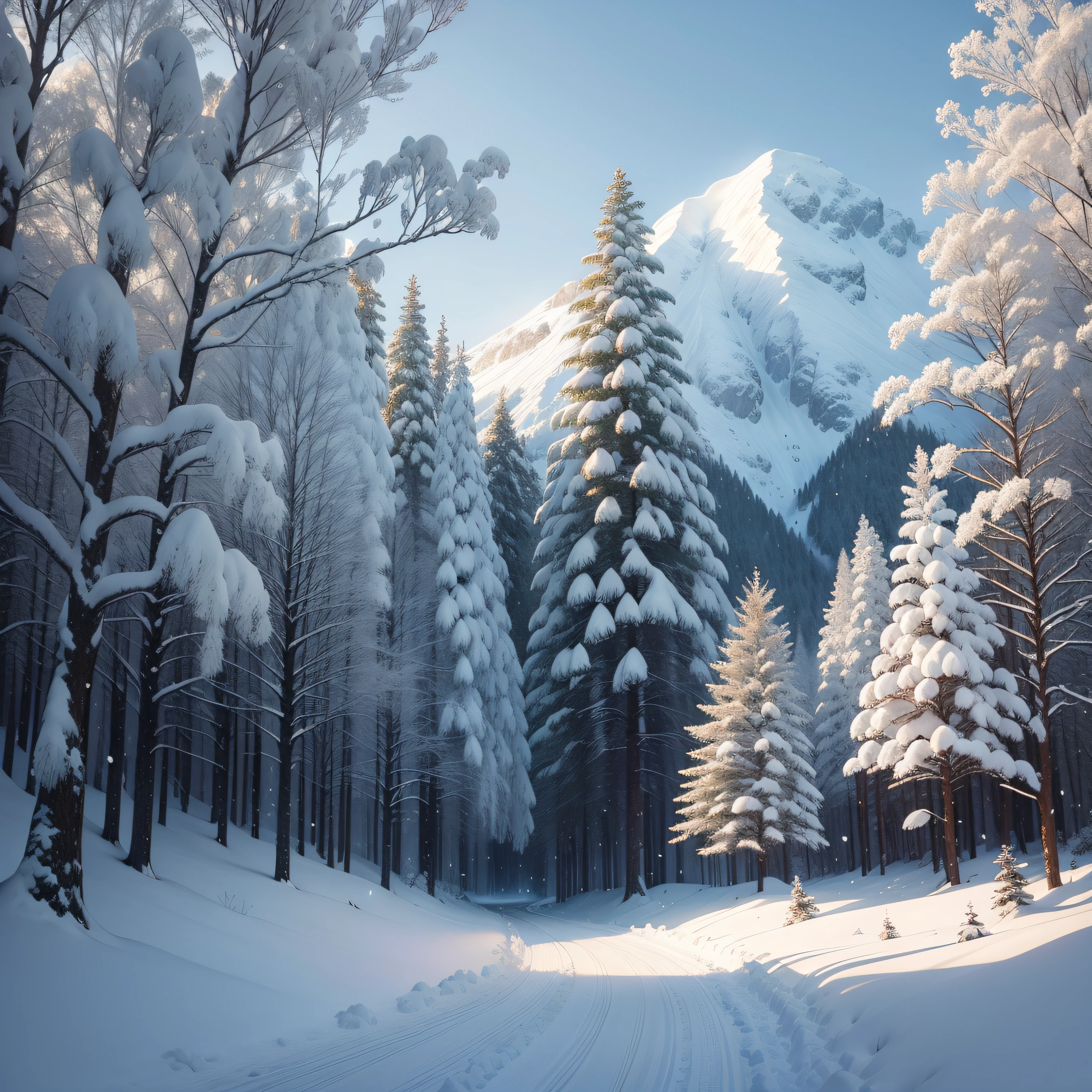 paisagem com neve e arvores estilo anime, arvores cobertas de neve, nevando, ceu lindo e claro alta qualidade