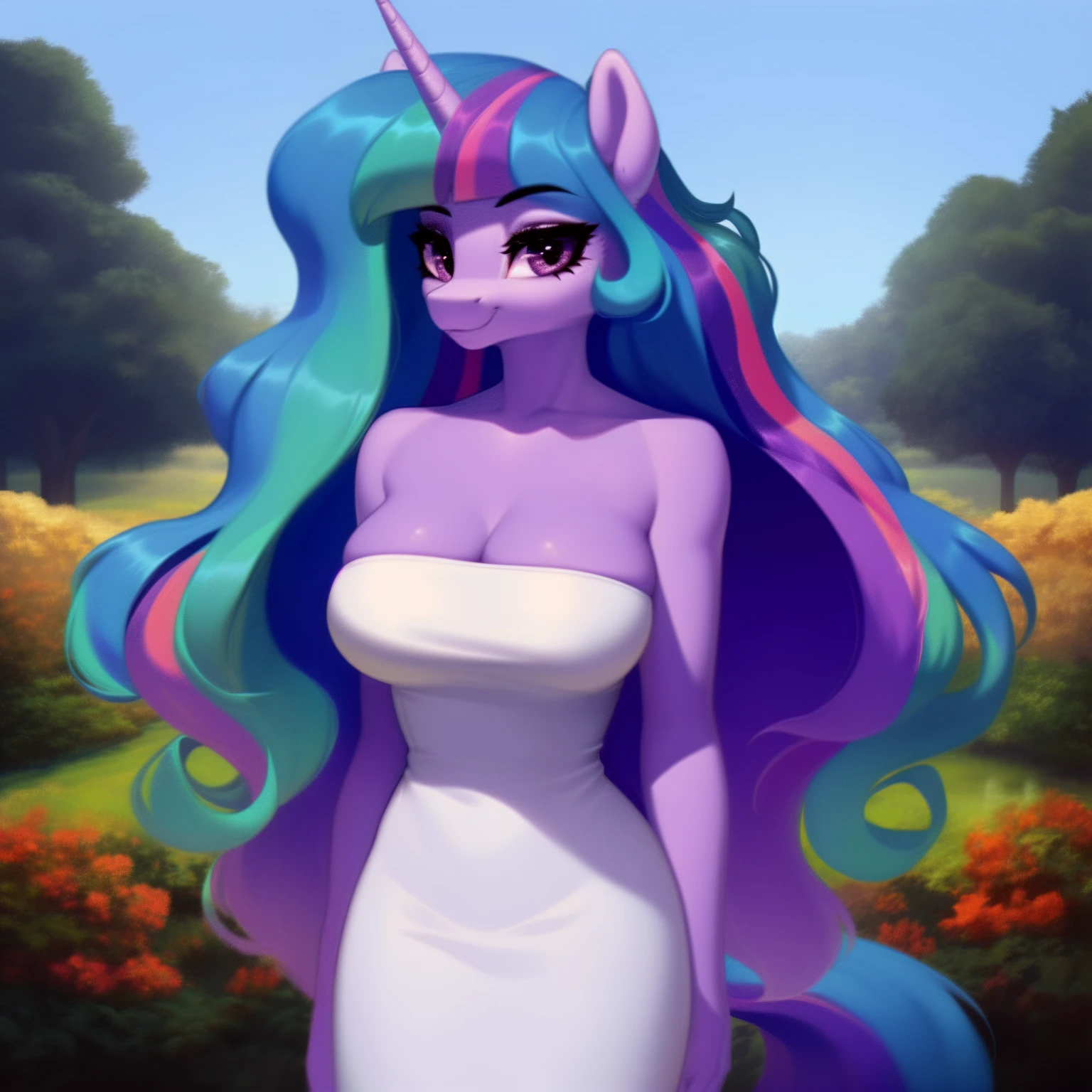 (score_9), (source_pony), (solo), (alicorn), ((anthro Princess celestia fusion twilight sparkle:1.1)), (strapless dress), facing you, sexy, smiling, sensual, long Messy hair, anatomically correct, night garden, standing near fountain, big breast, half body, anime art style, 8k, high detail