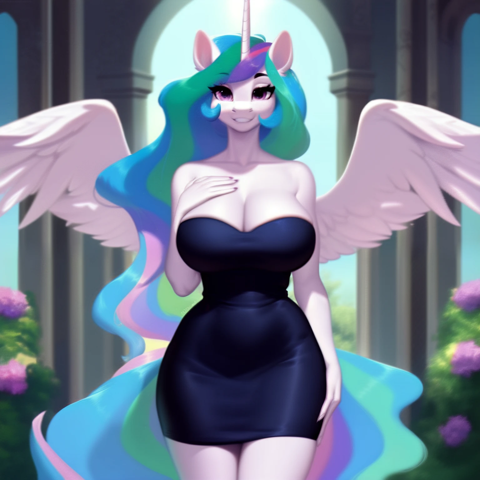 (score_9), (source_pony), (solo), (alicorn), ((anthro Princess celestia fusion twilight sparkle:1.1)), (strapless dress), facing you, sexy, smiling, sensual, long Messy hair, anatomically correct, night garden, standing near fountain, big breast, half body, anime art style, 8k, high detail