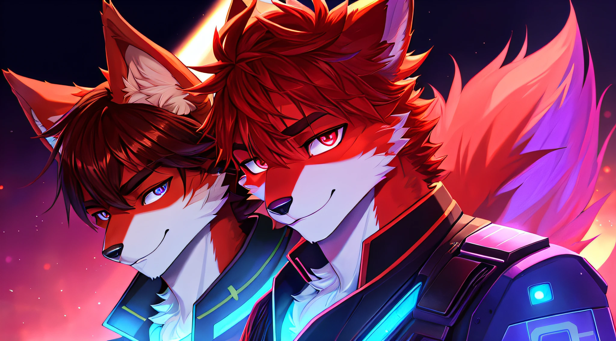 (cyber punk perssonage)Detailed elements on fur of handsome face with furry red fur、Glowing T-shirt、Beautiful light and shadow、ambient lights、Ultra-fine fur、volumettic light