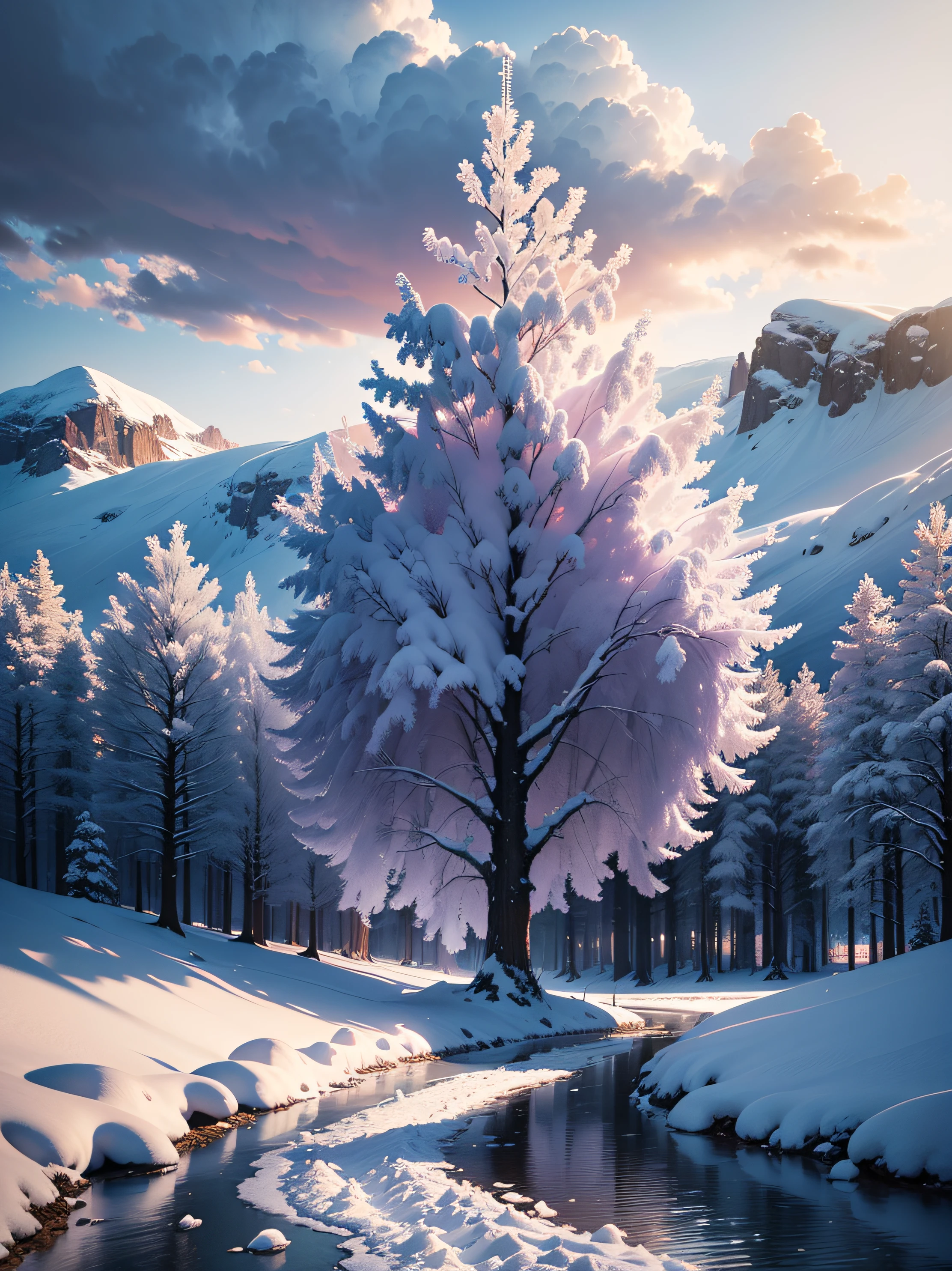 winter violett tree river clouds snow ice, ultra hd, realistic, vivid colors, highly detailed, UHD drawing, pen and ink, perfect composition, beautiful detailed intricate insanely detailed octane render trending on artstation, 8k artistic photography, photorealistic concept art, soft natural volumetric cinematic perfect light