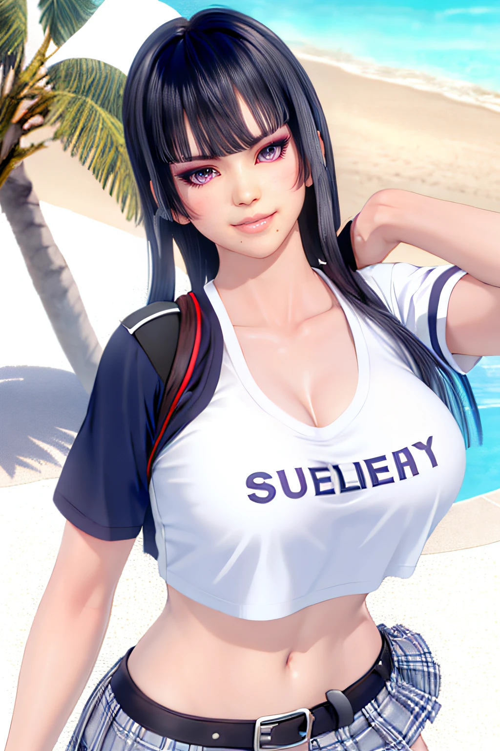 1girl, bangs, belt, black hair, blunt bangs, cleavage, crop top, day, holster, huge breasts, lips, long hair, looking at viewer, midriff, miniskirt, navel, nyotengu, ocean, outdoors, palm tree, plaid, plaid skirt, police, pool, purple eyes, shirt, short sleeves, skirt, sky, smile, solo, tree, uniform, water, watercraft, (best quality:1.4),(shiny skin),steaming body,upper body, blush, purple lips, master piece, perfect face, seductive look