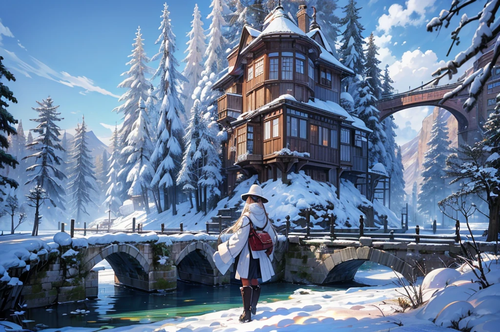 masutepiece, Best Quality, Ultra-detailed, fine detailed, 8K, breathtaking sights, Spectacular views, blue sky, winter, snow, powder snow, snow mountain, snow tree, Multiple large floating islands, Multiple towers of various sizes, Ancient buildings, Ancient bridges, Cityscape, canal, creek, Waterways, das boot, forest, Waterfall, Nature