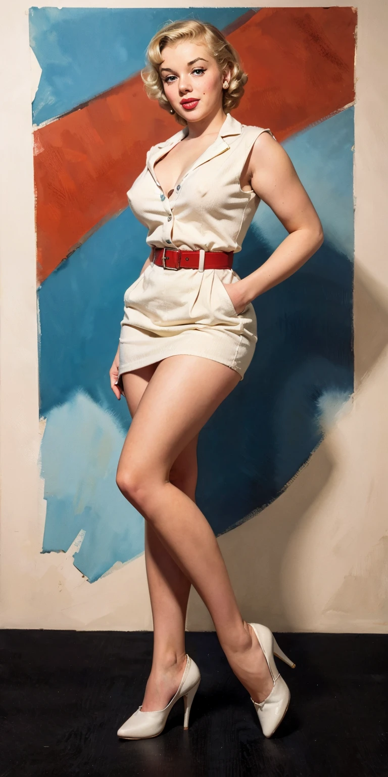 1950s Watercolor, Pen and Ink, 25 yo Marilyn Monroe in retro fashion, pin-up style, full body shot, depiction of rural life, light gray and light brown and red and white and blue, in the style of classical Americana, mottled, playful innocence, dotted, cutout from white background, in the style of Andrew Loomis , masterpiece art work,