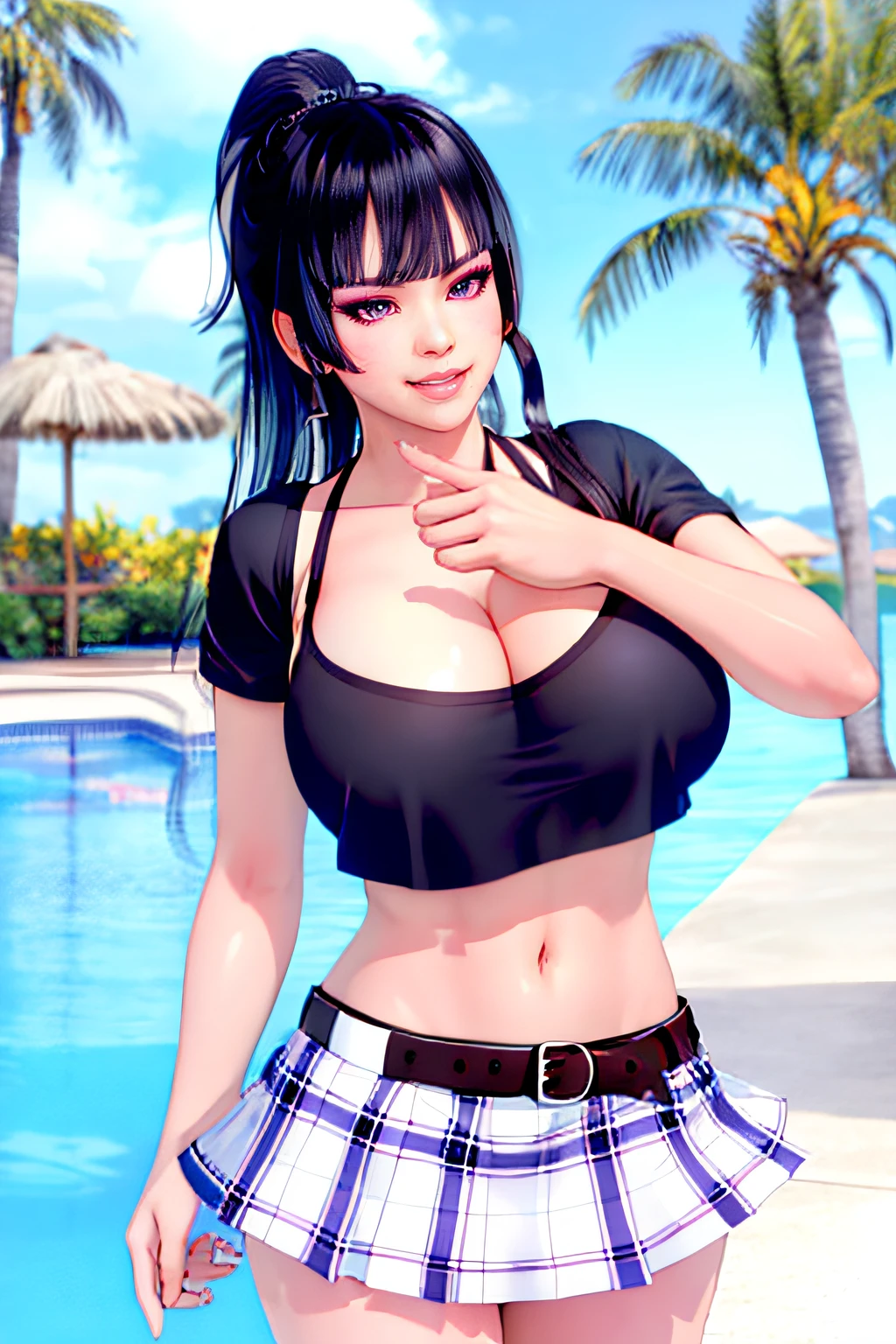 1girl, bangs, belt, black hair, blunt bangs, cleavage, crop top, day, holster, huge breasts, lips, long hair, looking at viewer, midriff, miniskirt, navel, nyotengu, ocean, outdoors, palm tree, plaid, plaid skirt, police, pool, purple eyes, shirt, short sleeves, skirt, sky, smile, solo, tree, uniform, water, watercraft, (best quality:1.4),(shiny skin),steaming body,upper body, blush, purple lips, master piece, perfect face, seductive look, smile, makeup, perfect eyes