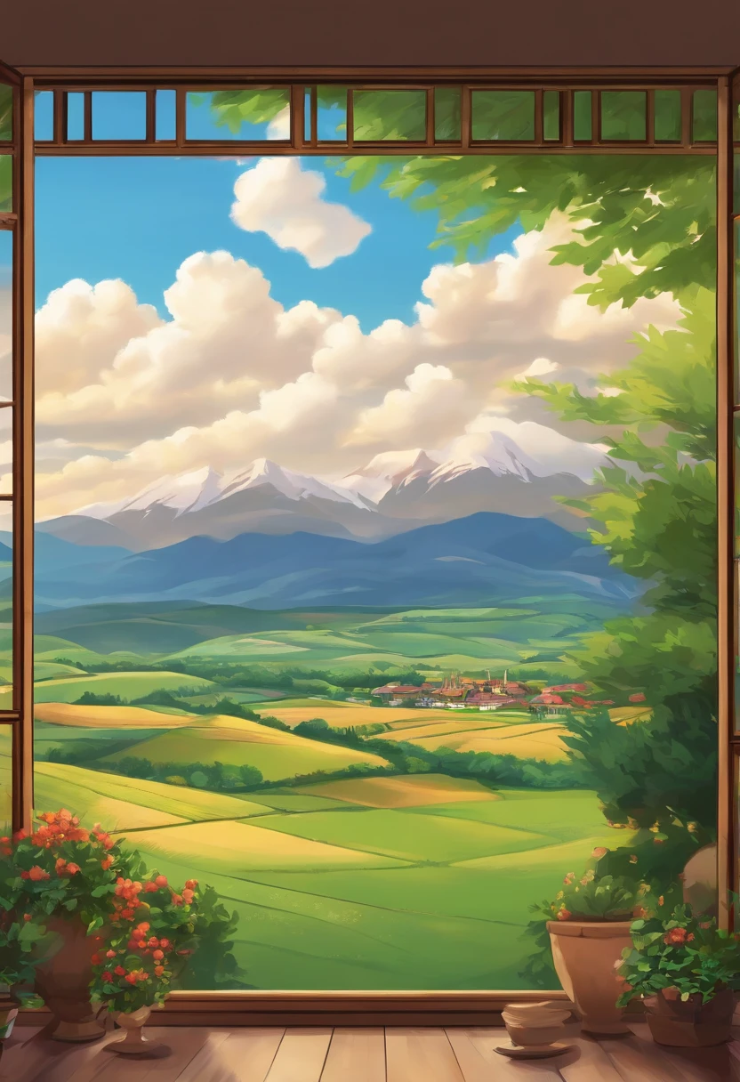 The landscape, seen from window, style of anime, zona rural, With mountains and clouds as background.