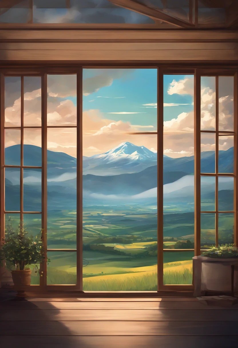 The landscape, seen from window, style of anime, zona rural, With mountains and clouds as background.