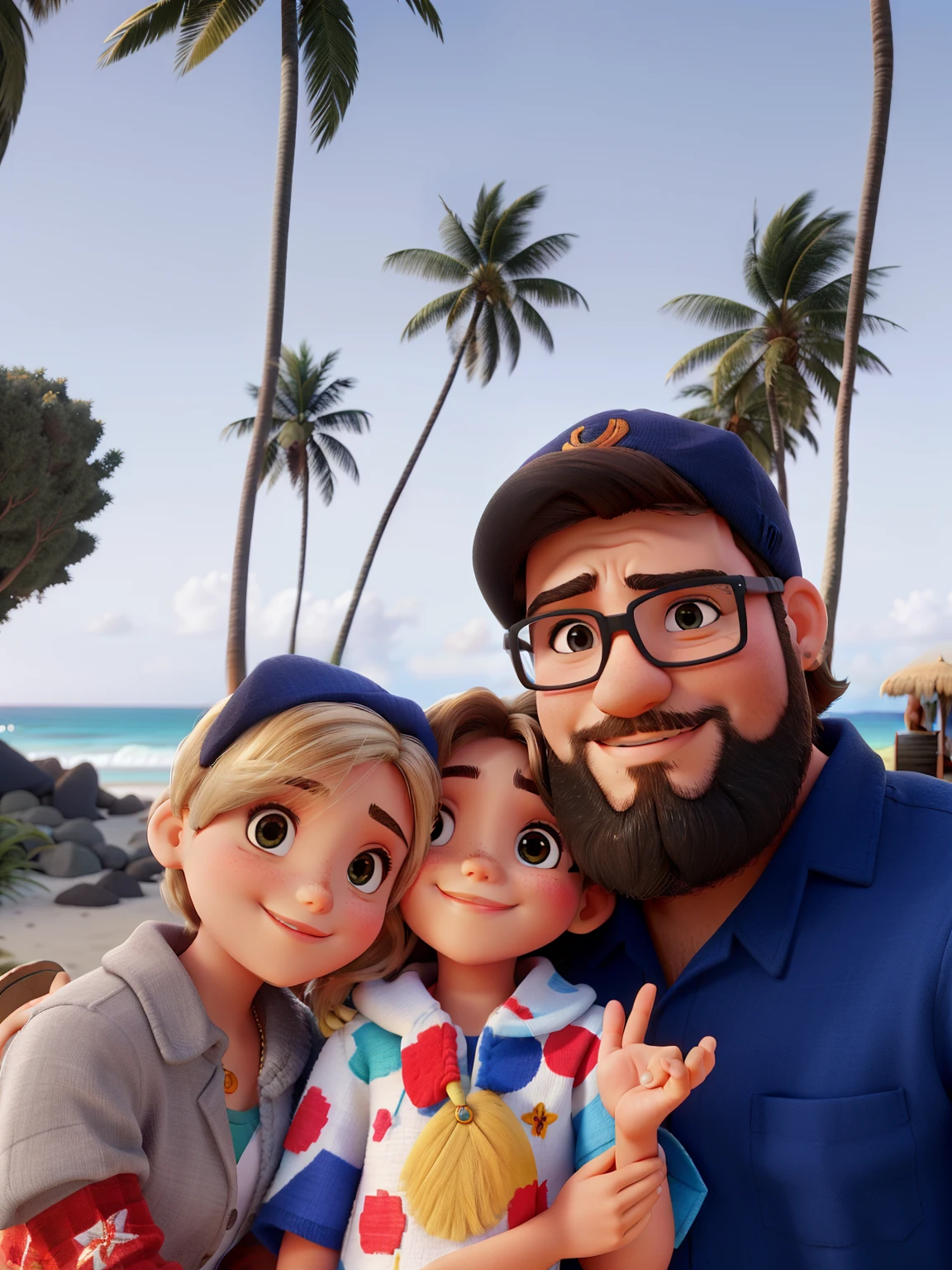 FAMILY ON THE BEACH, meninas com cabelos mais claros e homem de barba