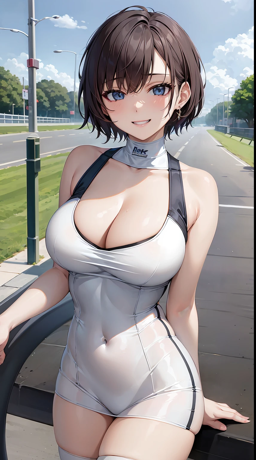 ultra_detailed, highres, absurdres, masterpieces, (upper body), 1girl, looking at viewer, short hair, large breasts, cleavage, race queen, thighhighs, grin, outdoors