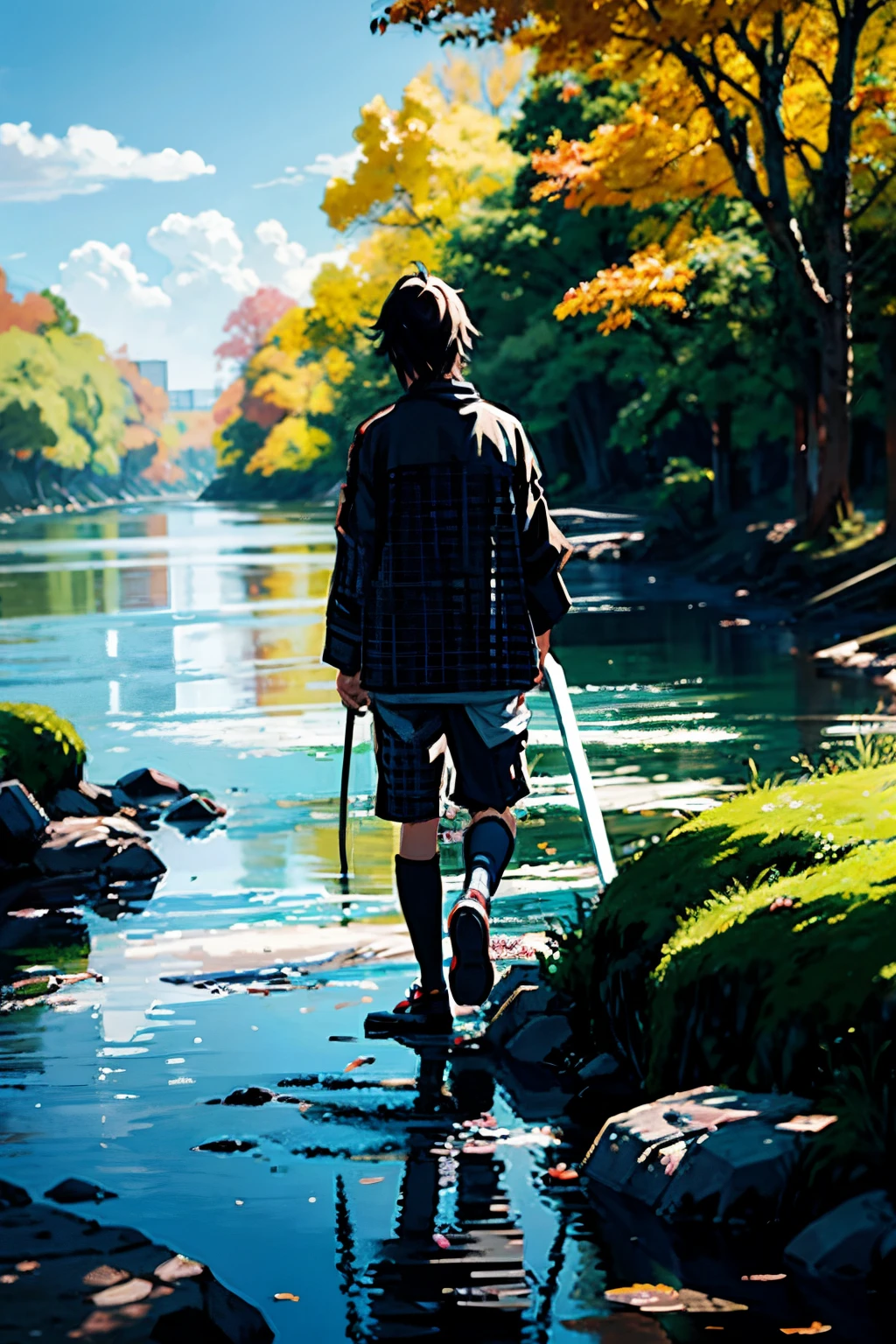anime man, on the river bank, trees around