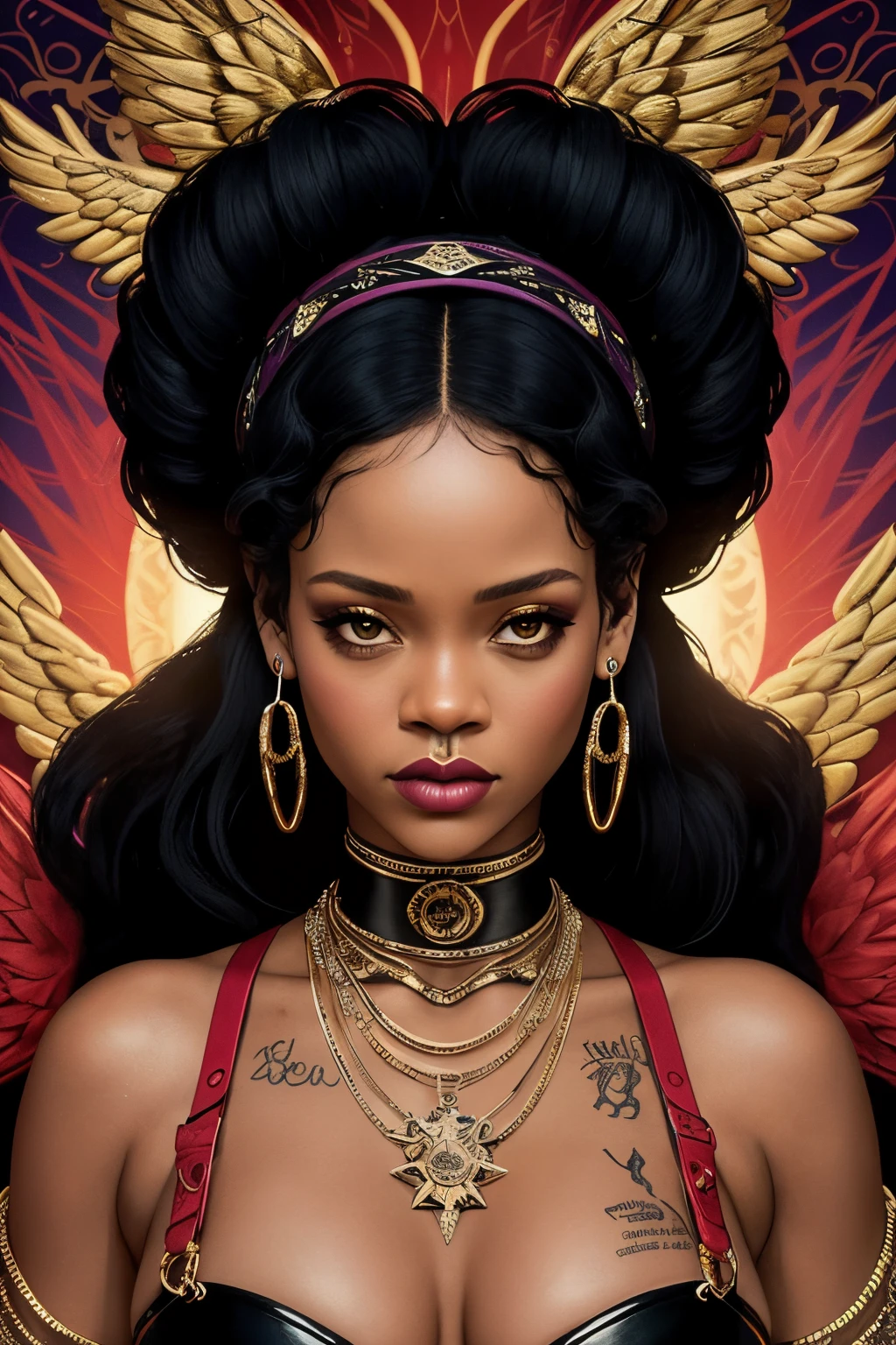 "Generate an AI-powered artwork that envisions Rihanna as a mythical figure, weaving her presence into the fabric of a contemporary mythology. Picture her with divine attributes, embodying elements of strength, creativity, and empowerment. Envision her surrounded by symbolic motifs that reflect her impact on the realms of music, fashion, and culture. Incorporate modern symbols and imagery that resonate with Rihanna's multifaceted persona. Use a rich and vibrant color palette to convey the dynamism and boldness associated with her artistic endeavors. The final image should be a visually compelling representation of Rihanna as a contemporary mythological icon, fusing elements of modernity with the timeless allure of mythology."