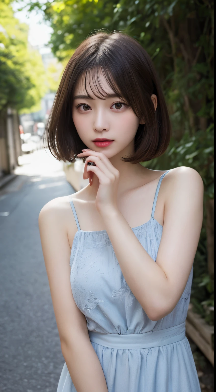 finely detail, hight resolution, hightquality、Perfect dynamic composition, Beautiful detailed eyes, Shorthair,bob cuts, small tits、Natural Color Lip,Kamimei、Shibuya、a 18 year old girl、1 persons、Transparent skin、Glowing hair、masutepiece, Best Quality, Illustration, Ultra-detailed, finely detail, hight resolution, 8K、The correct state of the human body、Randomly cute poses,beauty legs,Perfect beautiful face,KPOP Idol Face,Face that feels ecstasy,Background blur,Dress up as a random female model