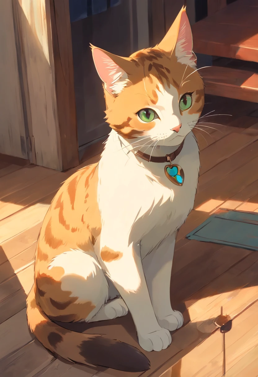 A 2D chibi character of a European light brown cat with white  with the pose of saying hello