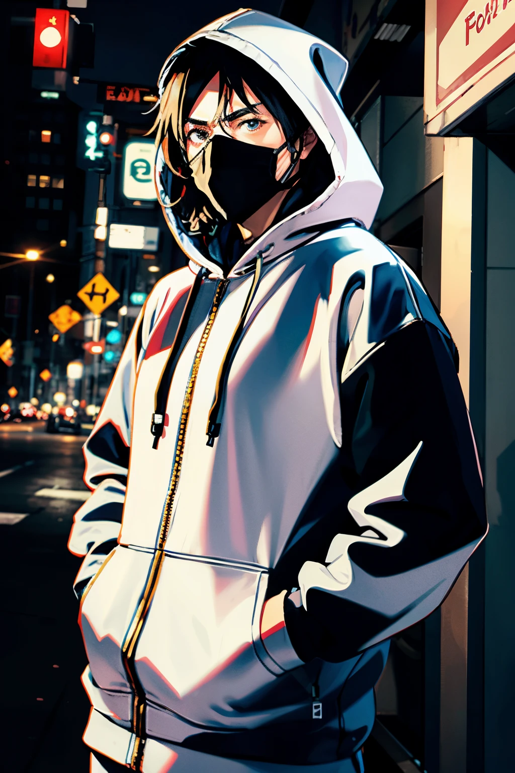 anime adult man, face mask, hood, hands in hoodie pocket