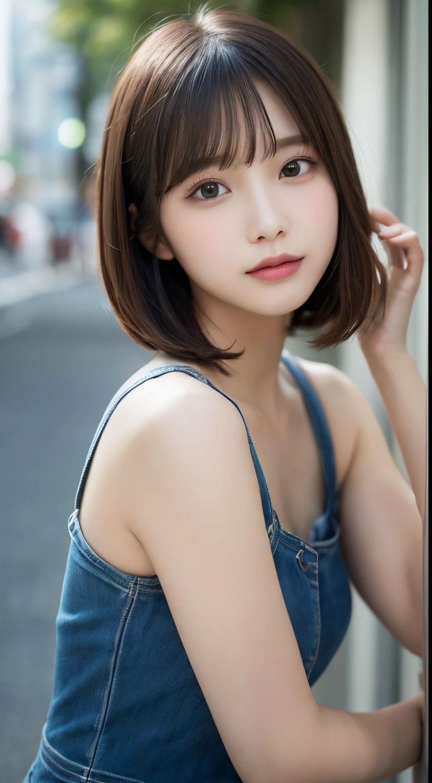 finely detail, hight resolution, hightquality、Perfect dynamic composition, Beautiful detailed eyes, Shorthair,bob cuts, small tits、Natural Color Lip,Kamimei、Shibuya、a 18 year old girl、1 persons、Transparent skin、Glowing hair、masutepiece, Best Quality, Illustration, Ultra-detailed, finely detail, hight resolution, 8K、The correct state of the human body、Randomly cute poses,beauty legs,Perfect beautiful face,KPOP Idol Face,Face that feels ecstasy,Background blur,Dress up as a random female model