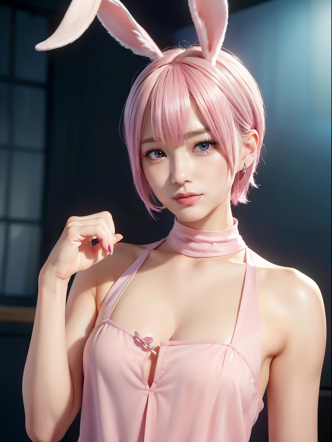 Pink short cut hair，kitchin、fullnude(8K, top-quality, ​masterpiece:1.2), (realisitic, Photorealsitic:1.37)、cute little、独奏、Beautiful detailed sky、(A smile:1.15)、(Mouth closed)、tiny chest、（short-hair：1.2）、masuter piece、Pink Shortcut Bob、Realistic rabbit ears、Pink realistic rabbit ears、Realistic ears of rabbits sticking out of the head、Pink hair、Beautiful girl in her 20s、Bewitching atmosphere、Beautiful shaped hands、K-POP、Pink rabbit ears、1 girl in、独奏、​masterpiece、top-quality、realisitic、Hyper-detailing、absurderes、short pink hair、Slender beauties、动态照明、hight resolution、foco nítido、depth of fields、(thick thight:1.0)、A slender :1.2，((Short-cut bob hair))、((k pop:1.3))，Highly detailed facial and skin texture、((魅惑的))，Anatomically correct number of fingers，Correct anatomy