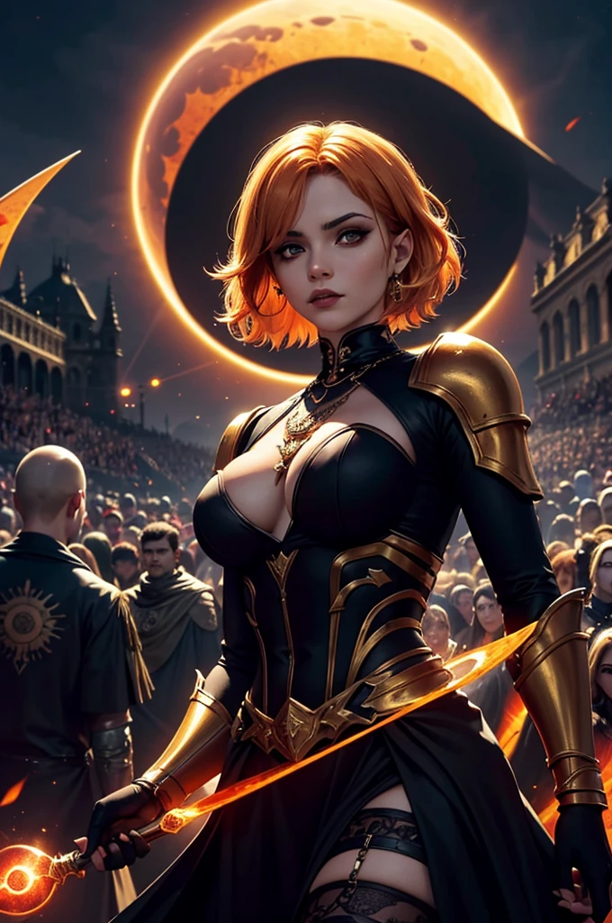 Uma personagem feminina usando capa, short golden hair, In the midst of the crowd,Eclipse,goth clothing, detalhadas, 8k, magnificent art, dramatic scene, Red eclipse at the top of the image, Gothic armor with golden details, Vampiro, fluttering cover