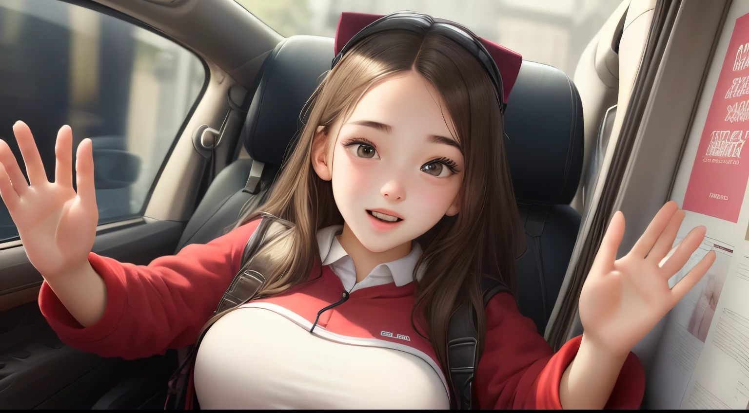 (Details of a very beautiful face), (Best Quality:1.4), 8K resolution, High resolution, 1girl, young cute girls, cute girl of the highest grade, Super beautiful detailed face, cleavage, (kindergarten_Uniform, wide open chest:1.25), Black_a skir, Gloss on lips, Parted lips, Large breasts, (Panty close-up:1.2), sitting in the seat, Realistic, lift up skirt, Spread legs, happy smile, blush, look down at the viewer, Inside the bus