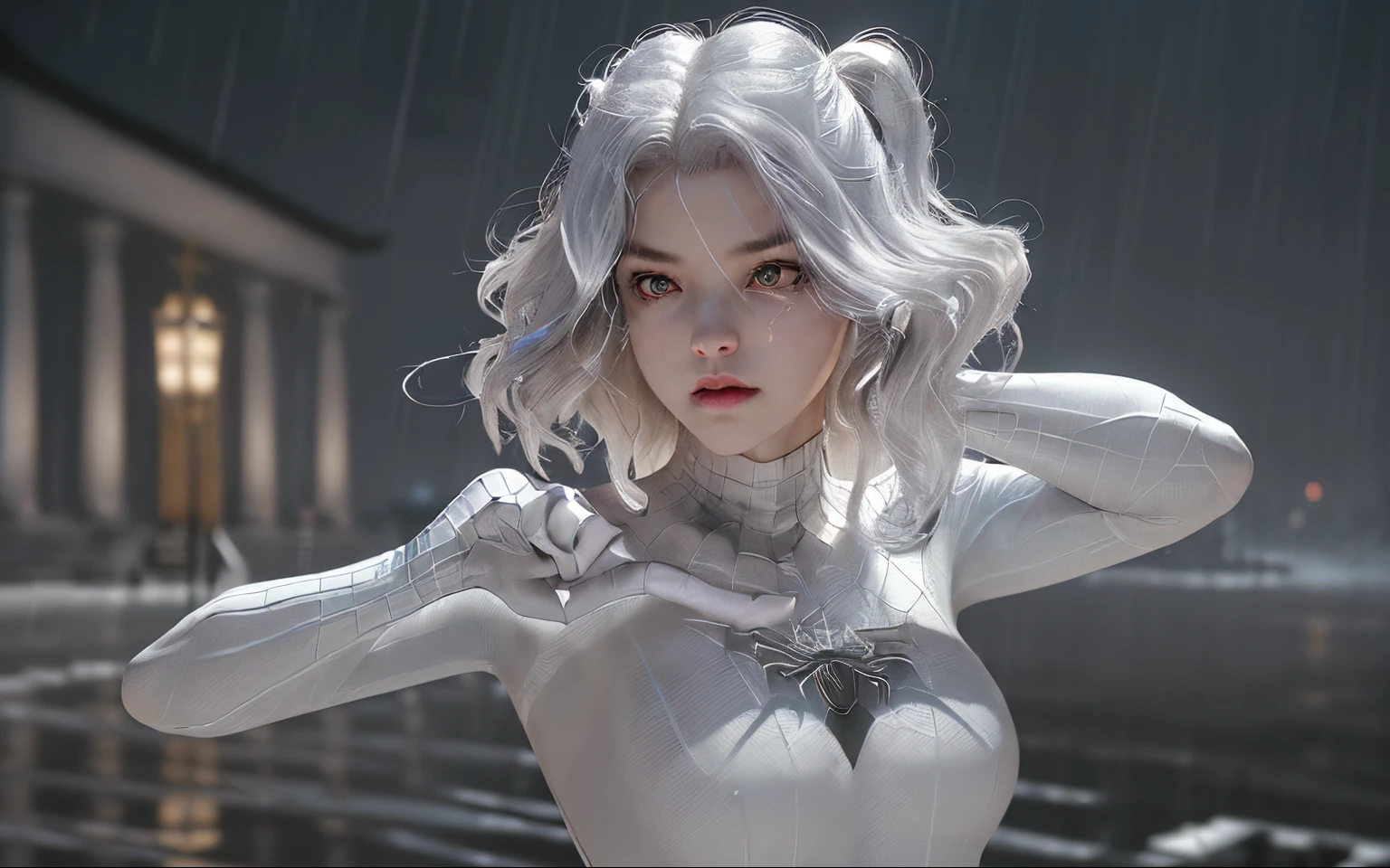 (Extreme Detail CG Unity 8K wallpaper, masterpiece, highest quality), (Exquisite lighting and shadow, highly dramatic picture, Cinematic lens effect), a girl in a white Spider-Man costume, silver gray hair color, from the Spider-Man parallel universe, Wenger, Marvel, Spider-Man, in the old temple, in the rain, no mask face, dynamic pose), (excellent detail, excellent lighting, wide angle), (excellent rendego on temple, enough to stand out in its class), focus on white Spider-Man costumes, complex spider textures