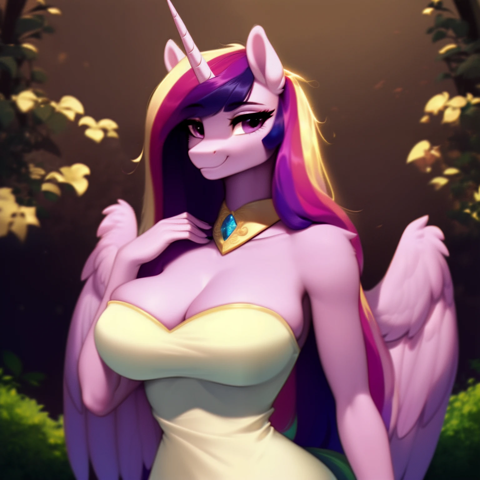 (score_9), (source_pony), (solo), (alicorn), ((anthro Princess cadance fusion twilight sparkle:1.1)), (strapless dress), facing you, sexy, smiling, sensual, long Messy hair, anatomically correct, night garden, standing near fountain, big breast, half body, anime art style, 8k, high detail