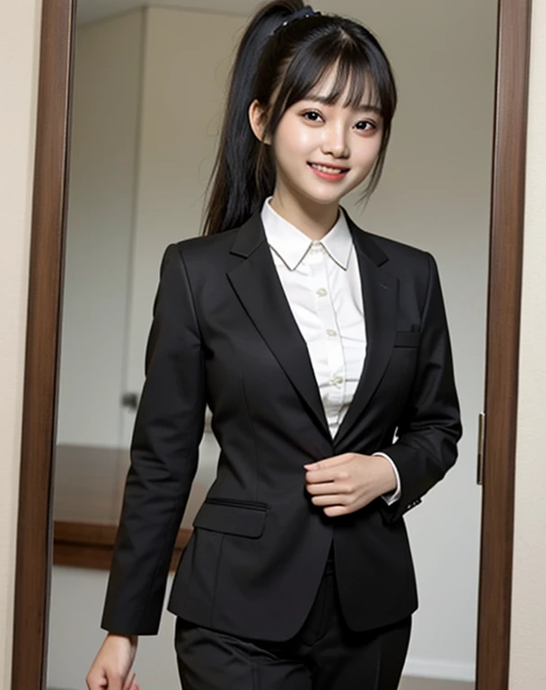 zydG, 1girl in, More skin, Look at viewers, Brown-eyed, (Ponytail with bangs:1.2), (Colossal tits:1.0), (big areolae:0.8), smile with white teeth,
(Photorealsitic:1.4), (Top image quality:1.0), (超A high resolution:1.0), 8K, Raw photography, (​masterpiece:0.2), (black business suits:1.4), portlate, facefocus,
(pureerosface_v1:0.5)