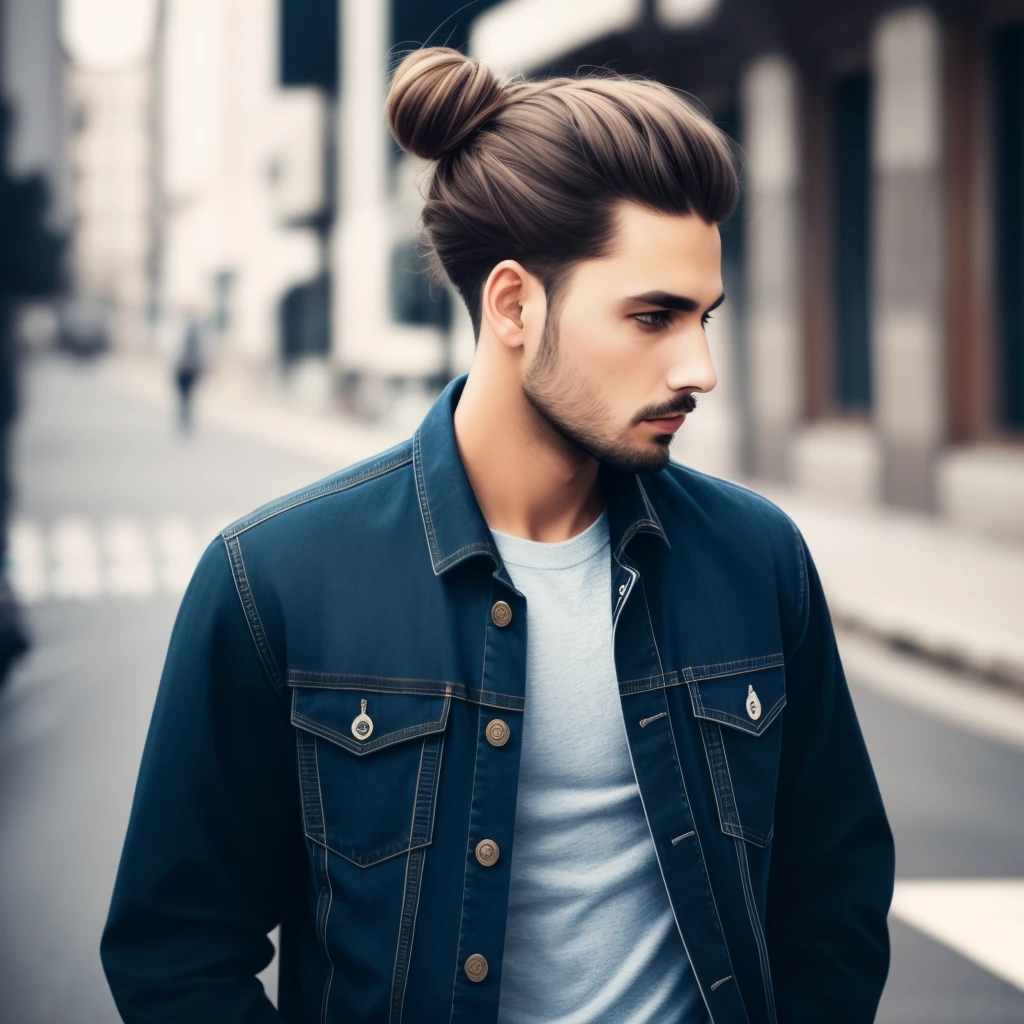 man in black clothes, loose jeans with street designs, curly hair tied in a bun and half brunette... on a futuristic background