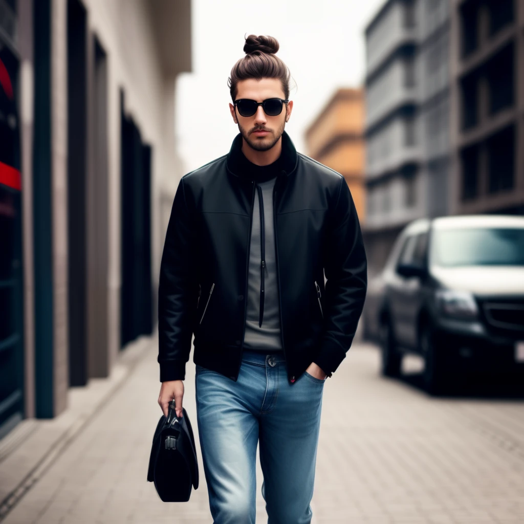 man in black clothes, loose jeans with street designs, curly hair tied in a bun and half brunette... on a futuristic background