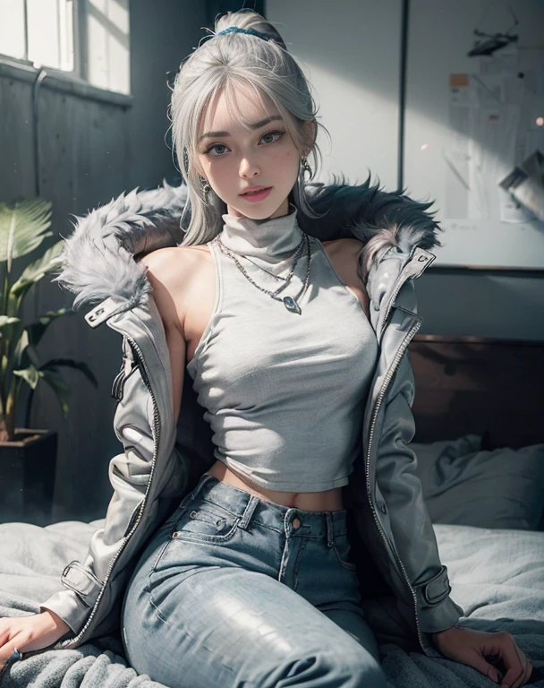 (((Masterpiece, 8K, photorealistic, ultra realistic):1.4))),
KAWAII, ig model, 24 years old, 170 cm, (((large breasts:1.2))), ((slender waist, toned thighs, toned arms):1.3)), ((small head, small face, small mouth:1.3)), diamond Face, small nose, Sharp Faceline, 
_ 
BREAK sitting chair, (under body, dynamic angle, wide shot):1.4), from below, look at viewer, Focus foot, 
_ 
(black theme and White), in the night, Inorganic, Inorganic concrete studio with window, small window, gray concrete block, highly, blur, blur background, front lightning, Cinematic lighting,
_ 
BREAK ((big eyes, Double eyelid, tareme, droopy eyes):1.3), ((smile, small lips, teeth:1.3)), (mole under eye:1.2), (Perl White teeth), ((gray hair)), (short hair, ponytail), asymmetrical hair, (Aqua eyes:1.4), light makeup, thin eyebrow, shiny skin, detailed skin, detailed face, (detailed face skin), perfect eyes, (detailed eyes:1.3), shiny hair, ultra-detailed fingers,
_ 
BREAK ((Gray fur down jacket elegant adorned, The down jacket features a hood :1.2)), (underneath turtleneck knit exudes feminine grace), BREAK ((Paired with high-waisted denim pants)), ((this ensemble highlights and complements the figure, achieving a harmonious blend of warmth and refined fashion):1.3), ((silver earring, silver bracelet, silver necklace):1.2), raw photo,