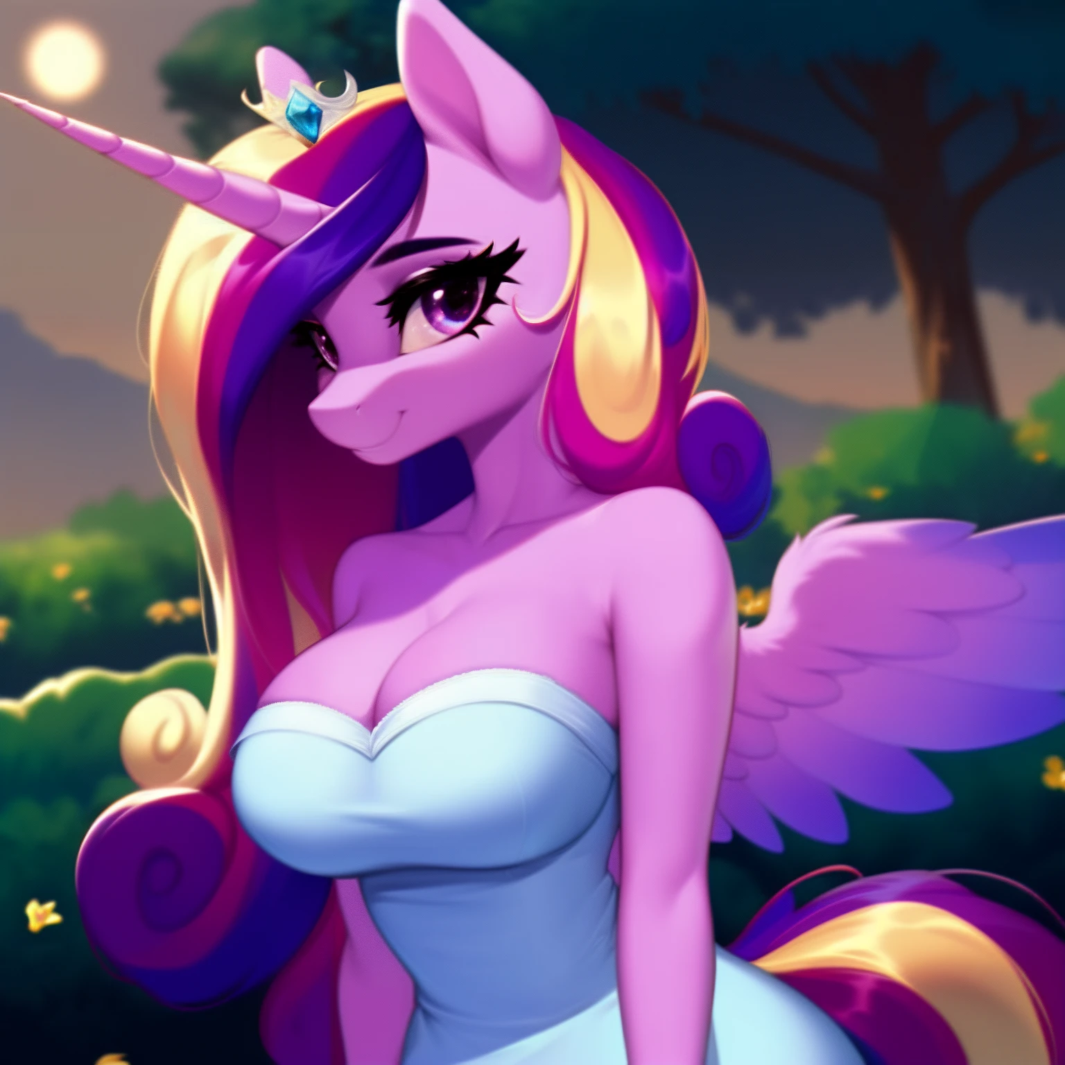 (score_9), (source_pony), (solo), (alicorn), ((anthro Princess cadance fusion twilight sparkle:1.1)), (strapless dress), facing you, sexy, smiling, sensual, long Messy hair, anatomically correct, night garden, standing near fountain, big breast, half body, anime art style, 8k, high detail