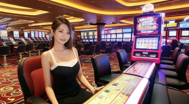 ((beste-Qualit, 10, masterpiece: 1.3)), 1girls, Slim Abs Beauty: 1.3, (Hairstyle Casual, large boobs: 1.2), dress: 1.1, Super Fine Face, delicate eyes, 二重まぶた, smile, (The slot machine sign has the number 369....),(Play Slot Machines,PG slot game name),(Random background,In casinos,VIP casino room, Modern Casino Console, Modern Slot Machines )