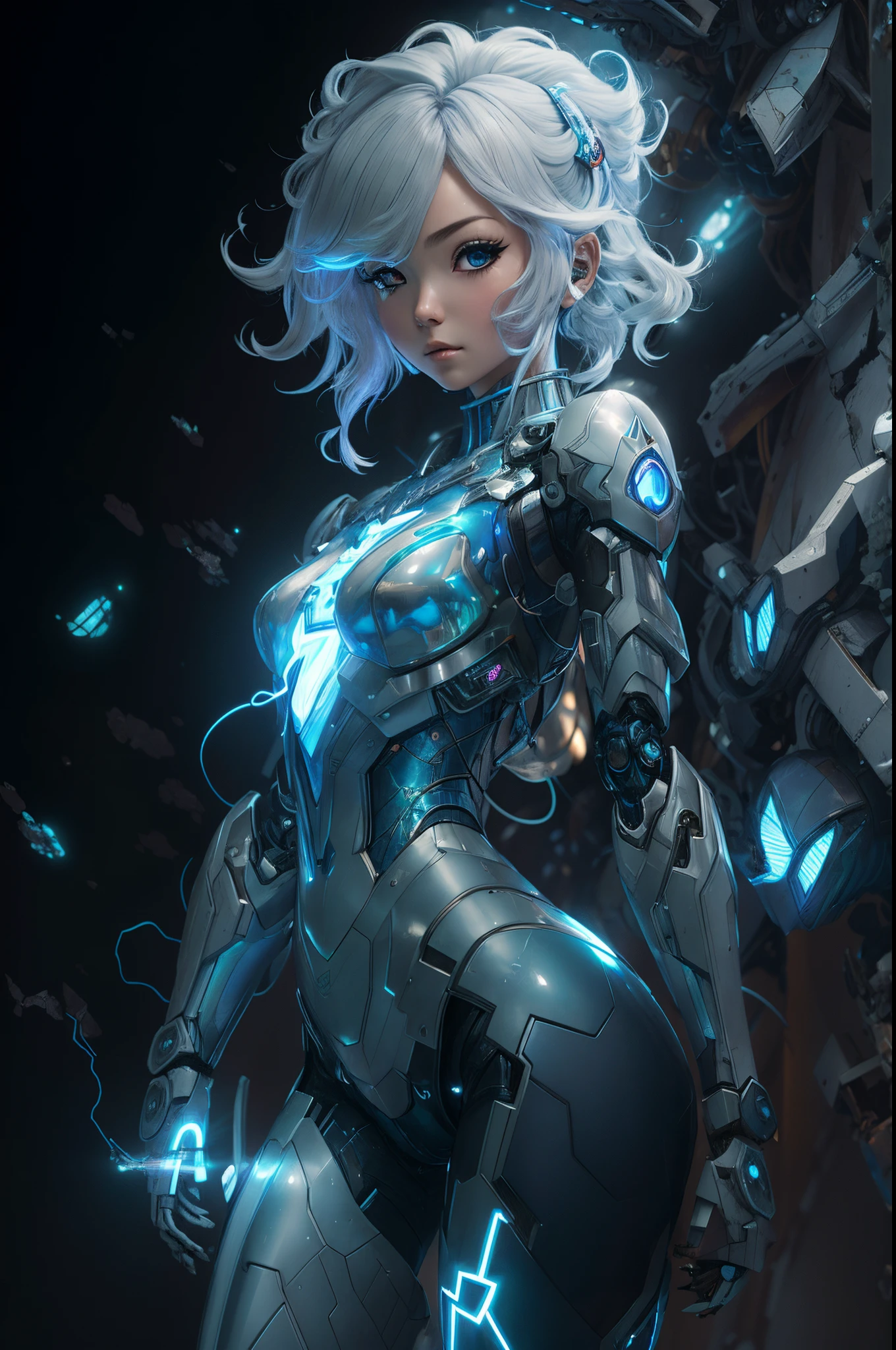 a close-up of a woman in a futuristic suit with lightning, Ciborgue - Menina com cabelo prateado, arte conceitual digital de alta qualidade, arte de anime digital detalhada, Advanced digital anime art, menina ciborgue bonito, menina bonita ciborgue, anime robotic mixed with organic, mulher ciborgue perfeita do anime, Ross Tran 8 K, menina em mecha cyber armor, Arte digital altamente detalhada em 4k