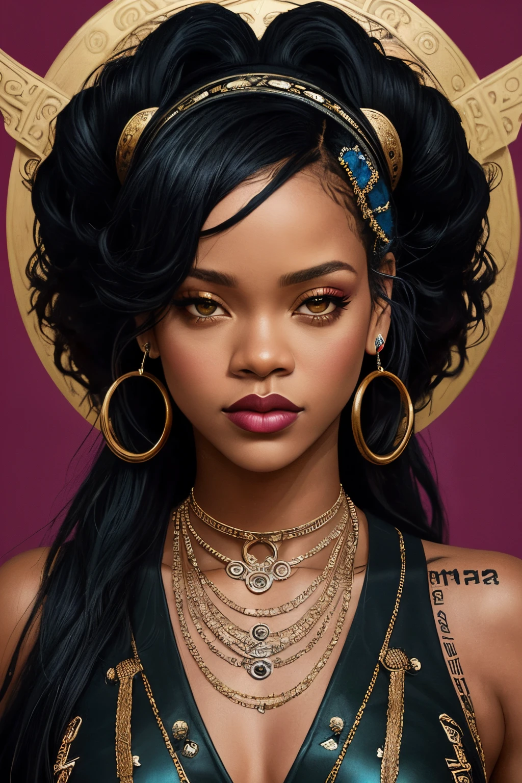 "Generate an AI-powered artwork that envisions Rihanna as a mythical figure, weaving her presence into the fabric of a contemporary mythology. Picture her with divine attributes, embodying elements of strength, creativity, and empowerment. Envision her surrounded by symbolic motifs that reflect her impact on the realms of music, fashion, and culture. Incorporate modern symbols and imagery that resonate with Rihanna's multifaceted persona. Use a rich and vibrant color palette to convey the dynamism and boldness associated with her artistic endeavors. The final image should be a visually compelling representation of Rihanna as a contemporary mythological icon, fusing elements of modernity with the timeless allure of mythology."